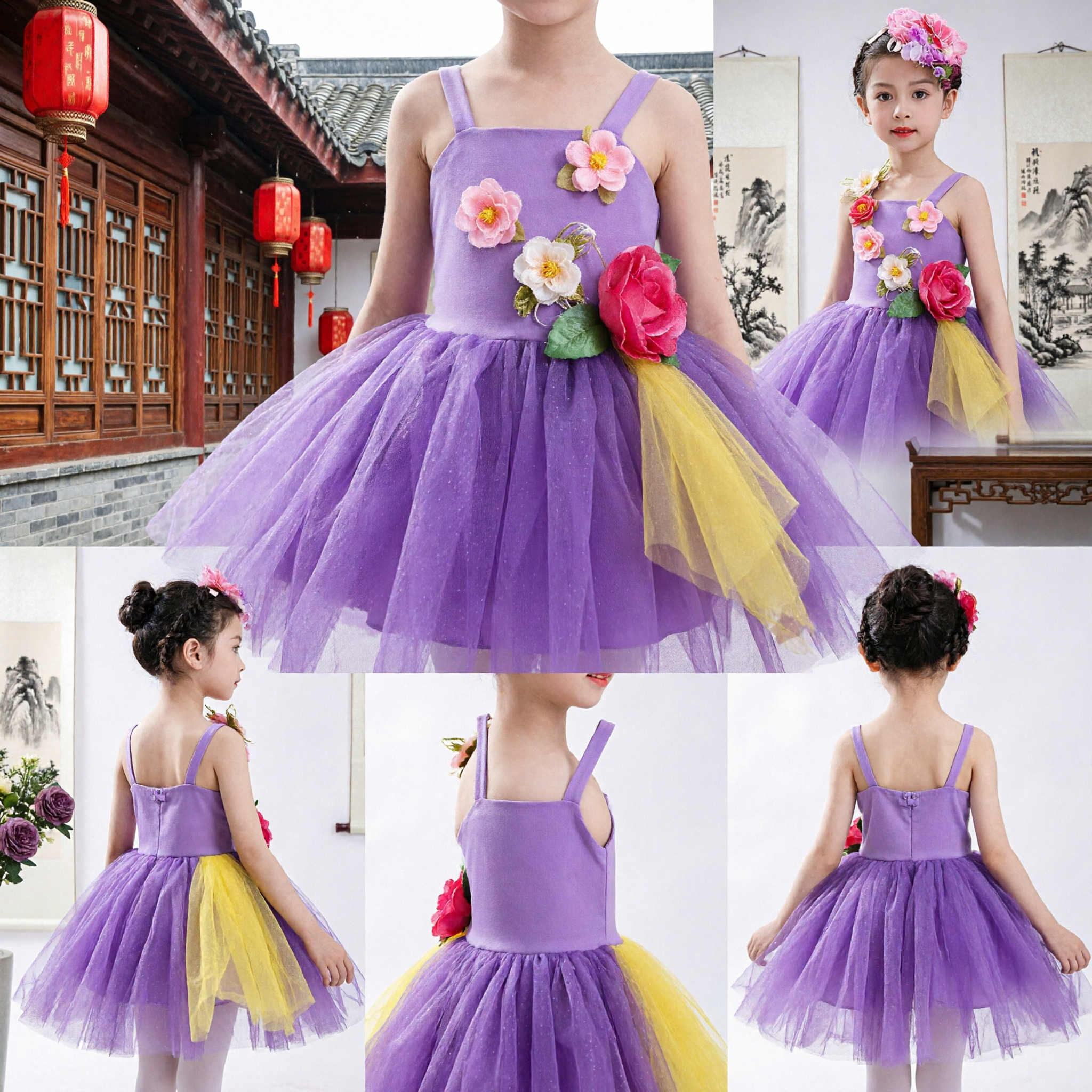 Kids Girls Purple Floral Ballet Tutu Dress Stage Performance Costume with Flower Headpiece Set - Asian Costume