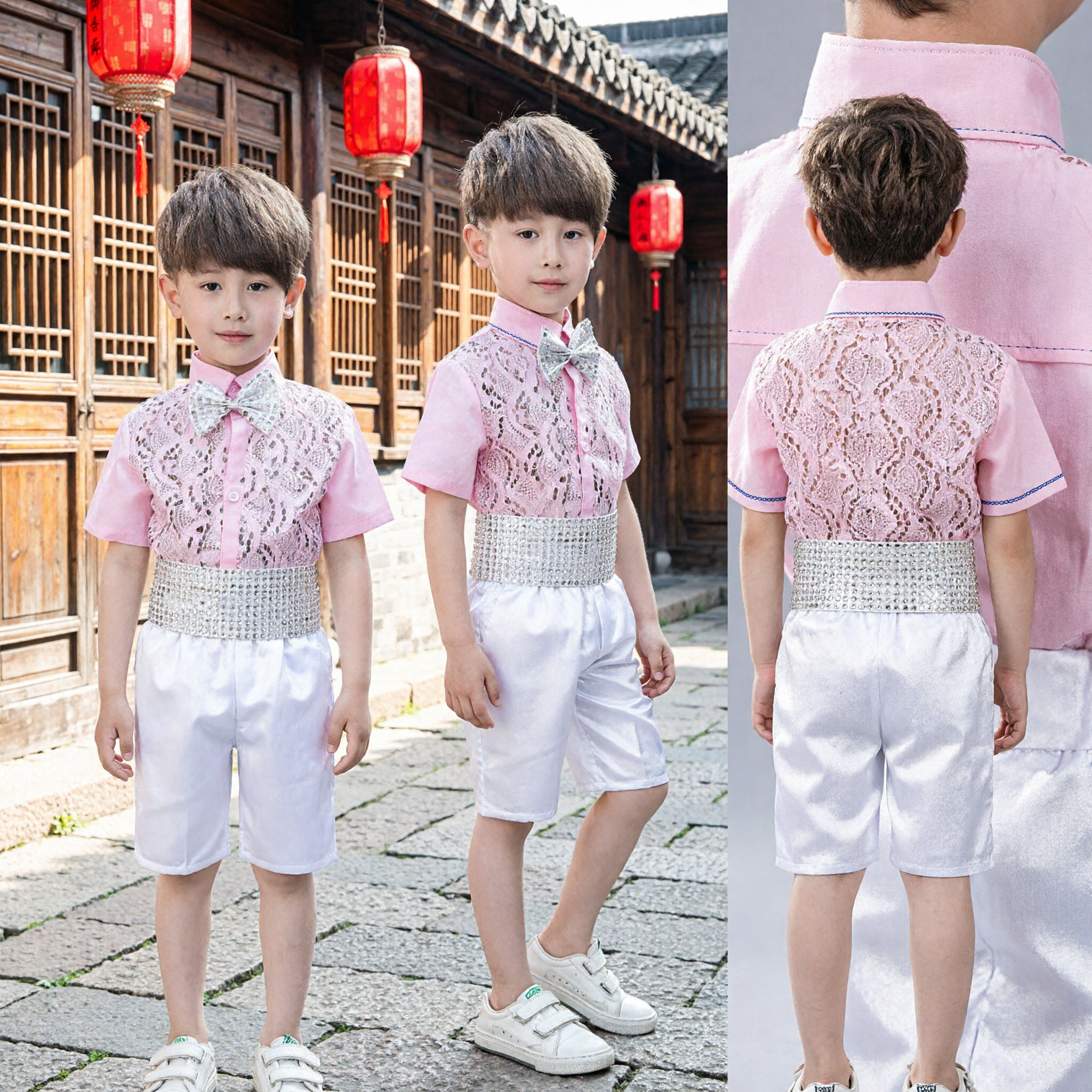 Boys Pink Sequin Performance Costume Set Short Sleeve Shirt Shorts Stage Dance Choir Outfit - Asian Costume