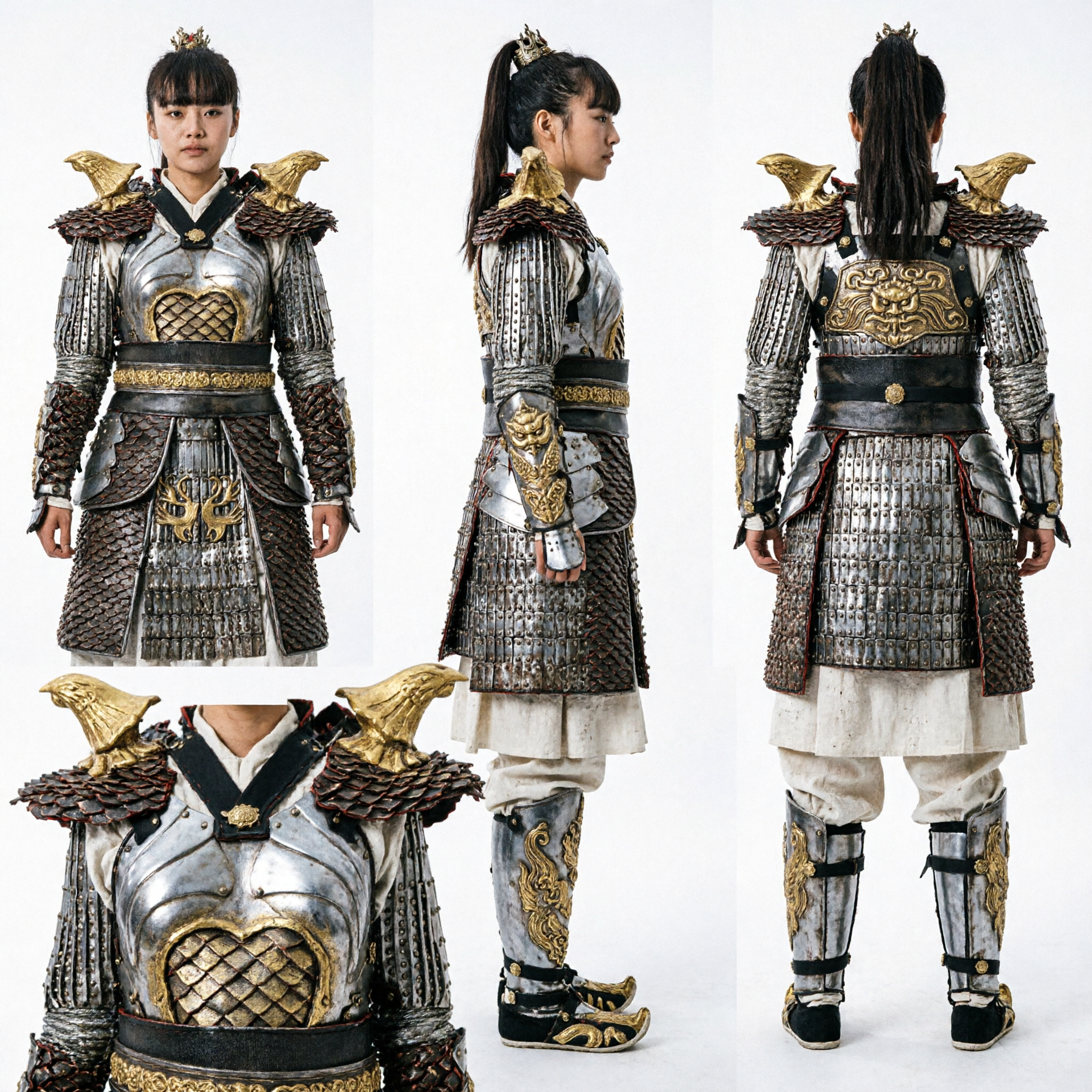 Ancient Chinese Female General Armor Cosplay Costume with Gold Eagle Shoulder Pads for Women - Asian Costume