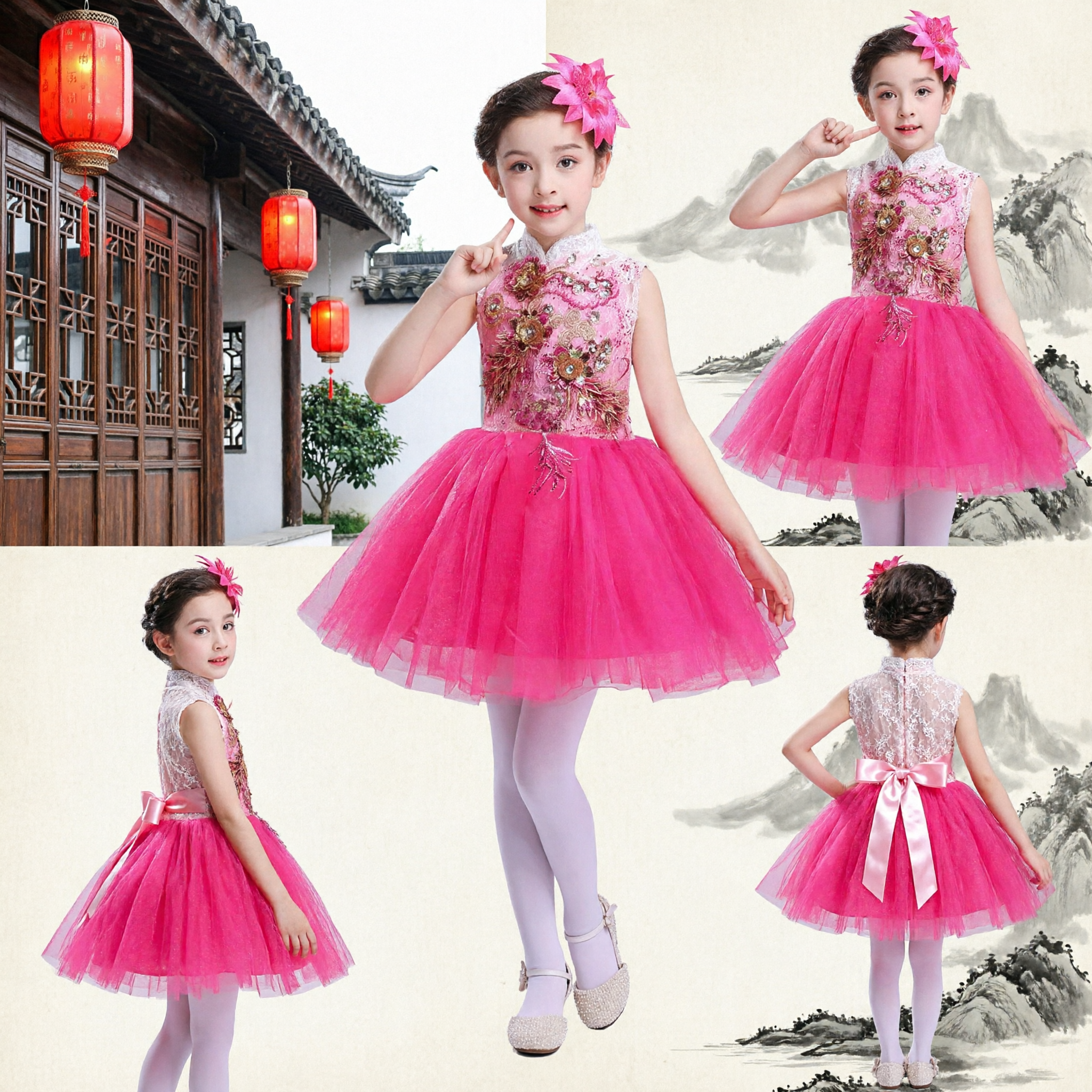 Kids Girls Pink Chinese Cheongsam Tutu Dress Embroidered Qipao Top Stage Performance Costume - Asian Costume