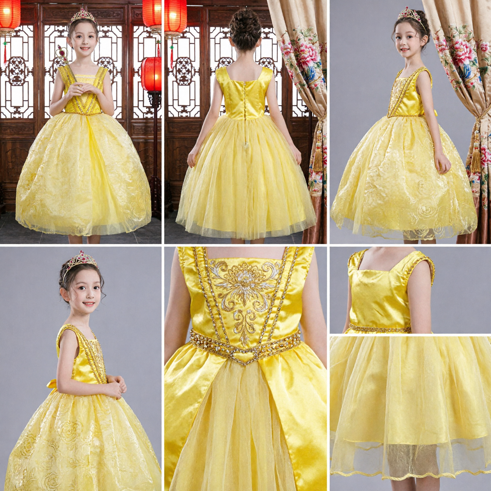 Kids Princess Belle Yellow Ball Gown Costume Set with Crown and Scepter for Girls Halloween Cosplay Party - Asian Costume