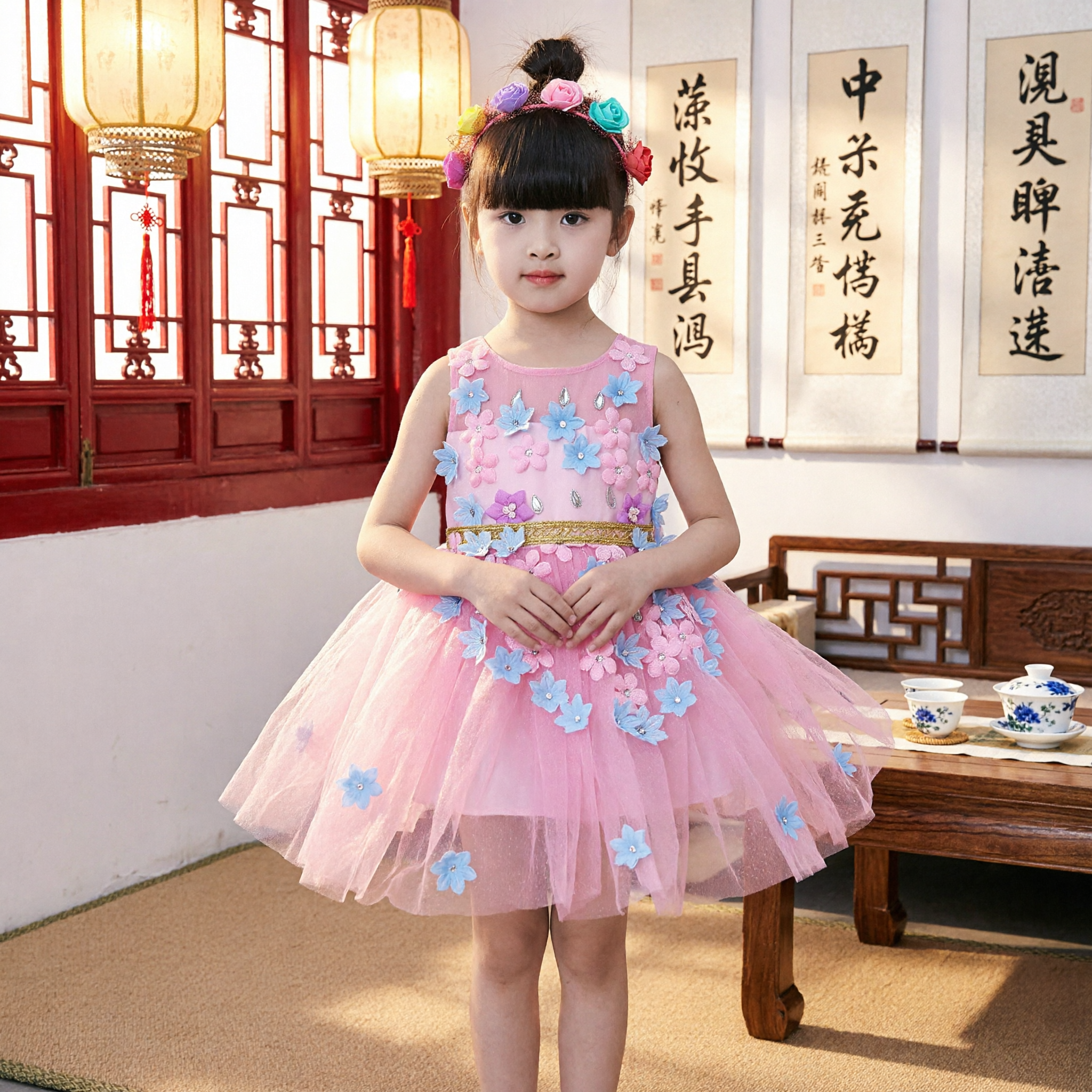 Girls Pink Floral Princess Dress Sleeveless Tulle Tutu Skirt Party Costume with Headband - Asian Costume