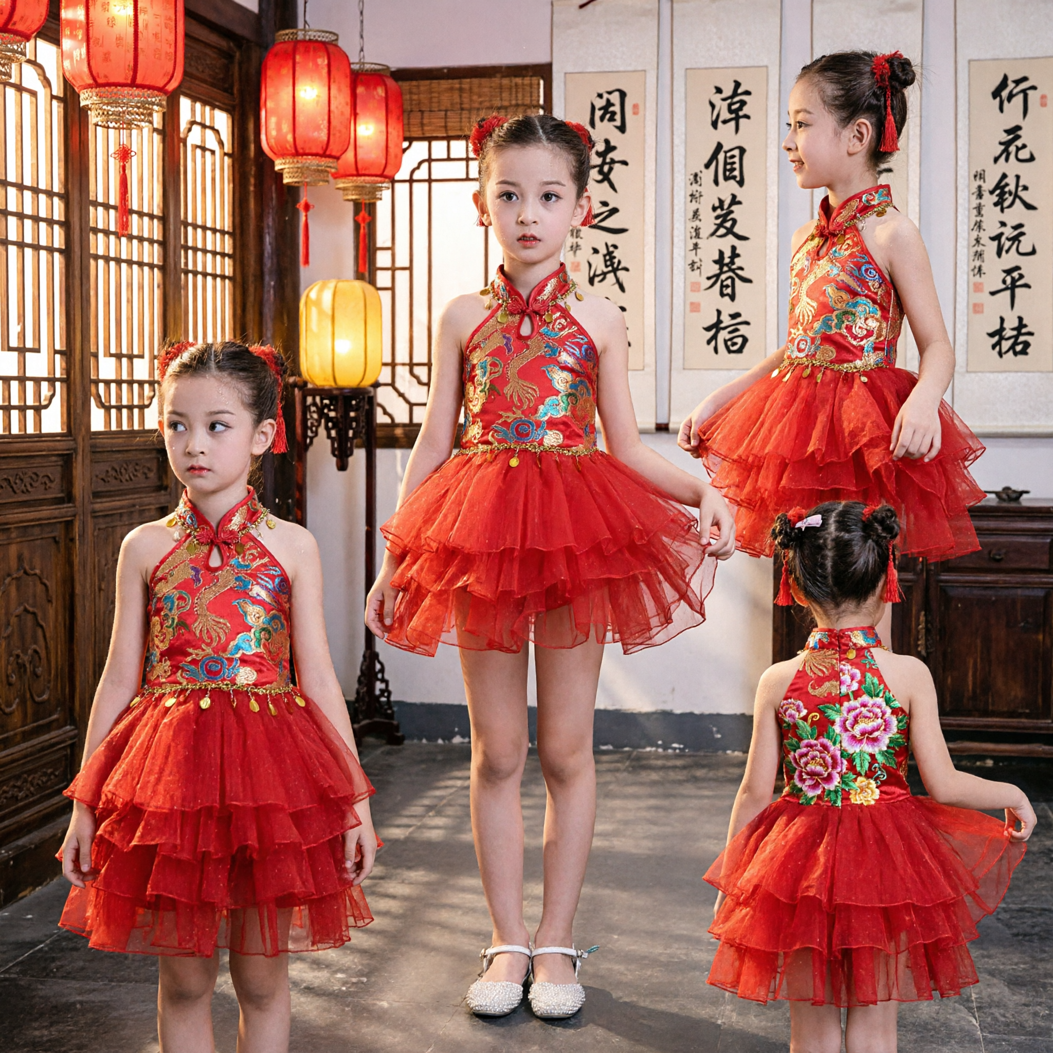 Girls Red Embroidered Cheongsam Qipao Top with Tulle Skirt Traditional Dance Performance Costume - Asian Costume