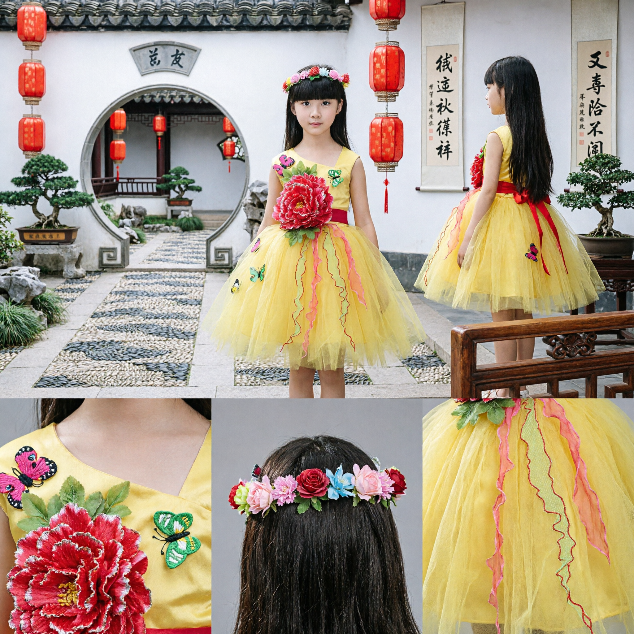 Girls Yellow Tutu Dress with Large Flower and Butterflies for Children Stage Dance Performance Costume - Asian Costume