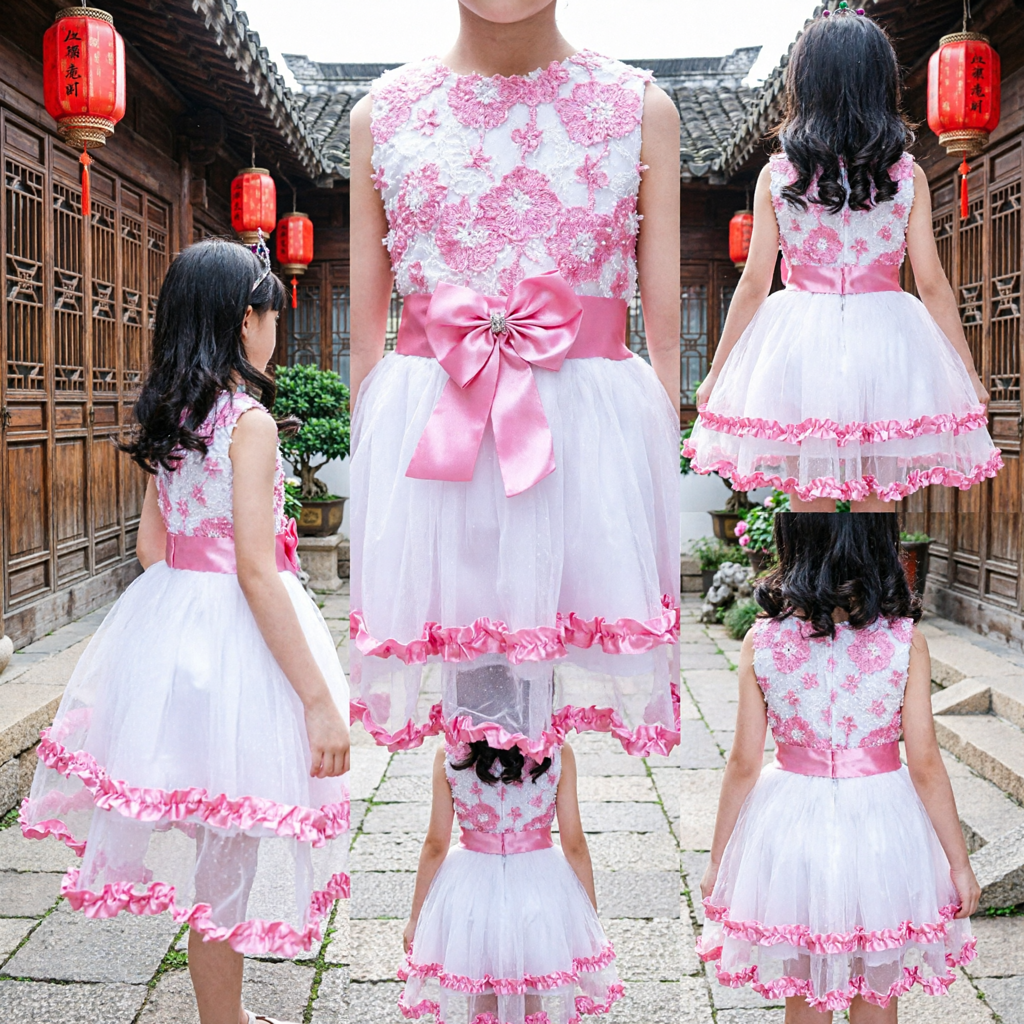 Girls Pink and White Floral Lace Princess Dress with Tulle Skirt for Wedding Flower Girl Party - Asian Costume