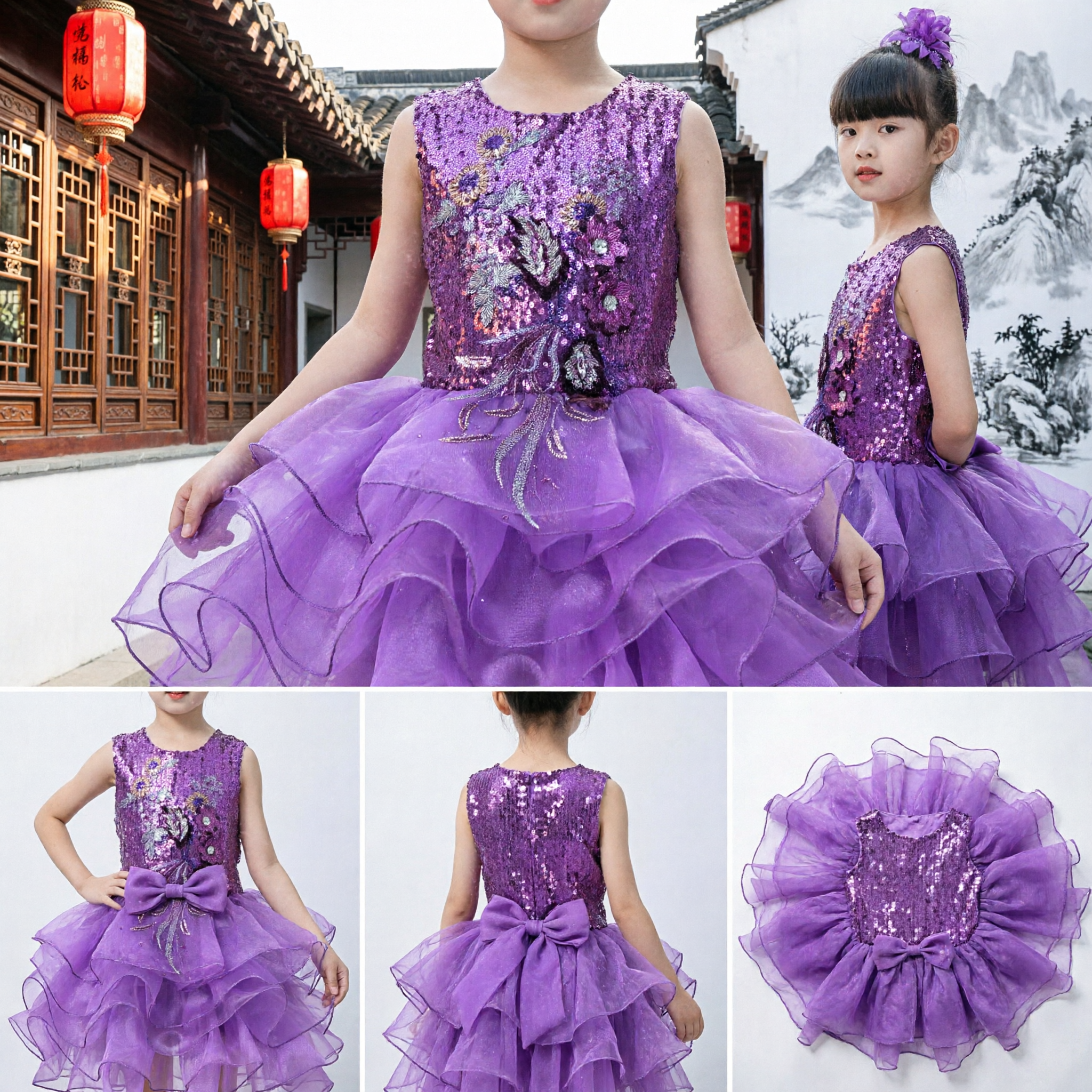 Kids Girls Purple Sequin Dress Stage Performance Costume Ruffled Tutu Skirt for Dance Recital Party - Asian Costume