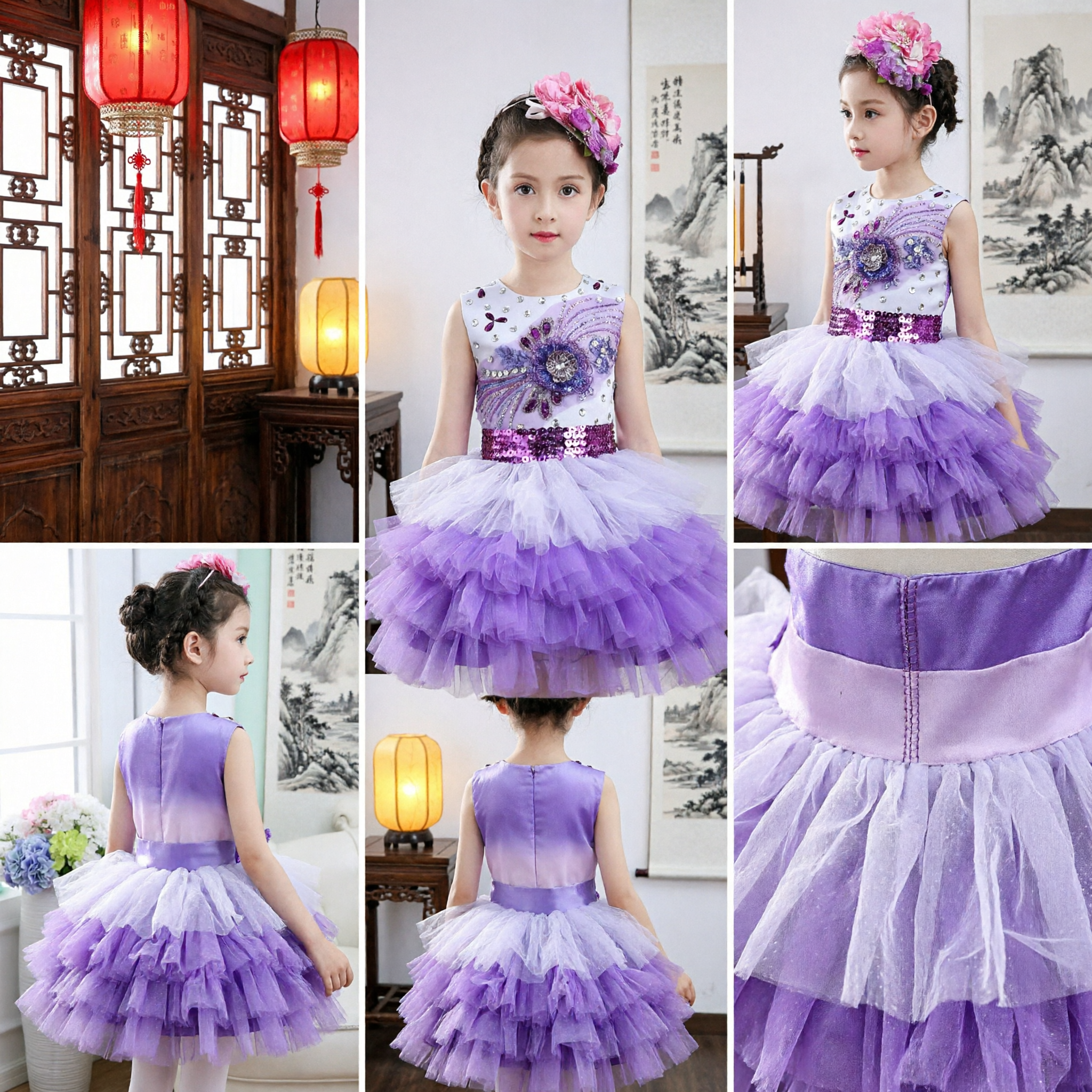 Girls Purple Tulle Ball Gown Dress Sleeveless Rhinestone Bodice Flower Girl Wedding Party Performance Costume - Asian Costume