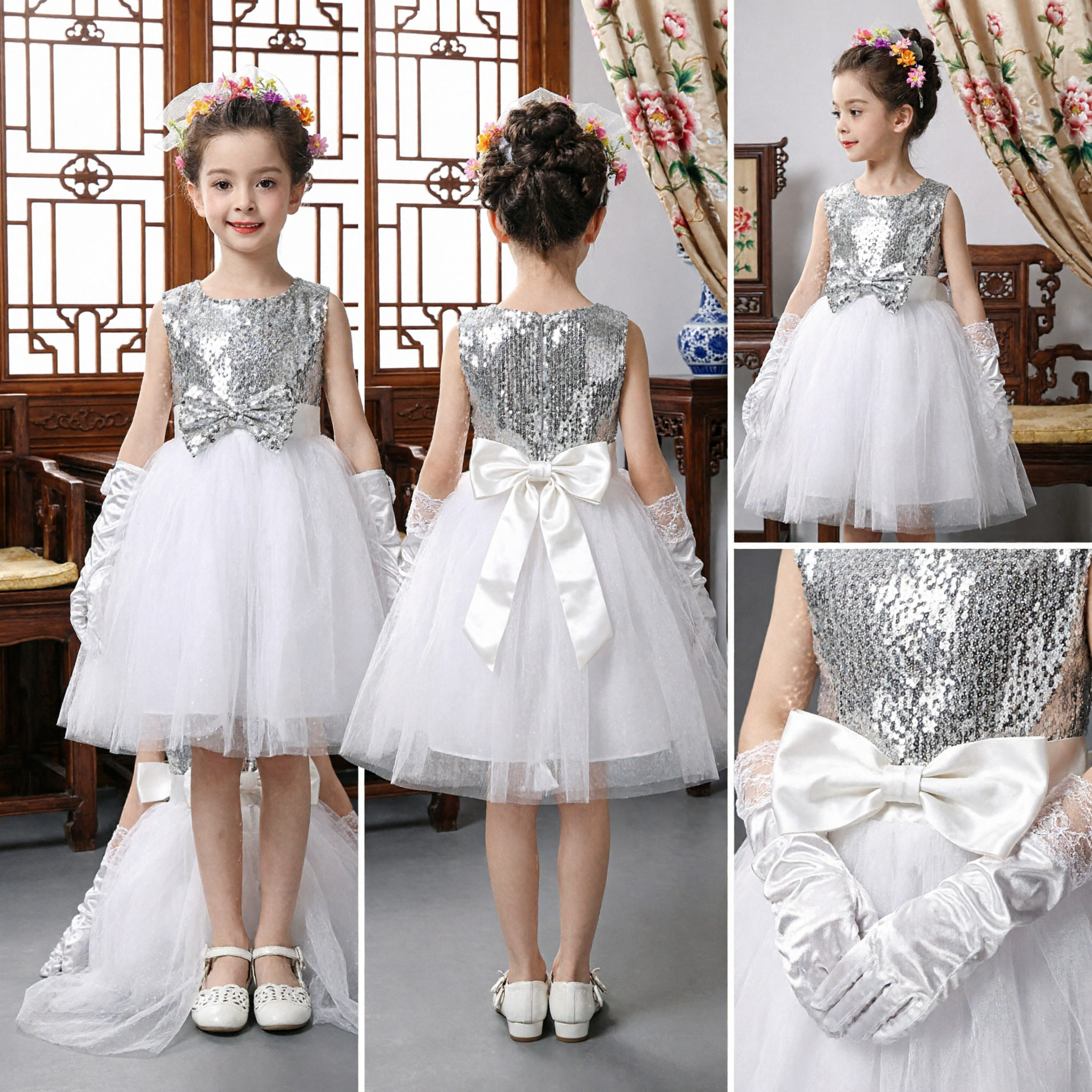 Girls Silver Sequin Bodice White Tulle Ball Gown Flower Girl Wedding Party Performance Dress - Asian Costume