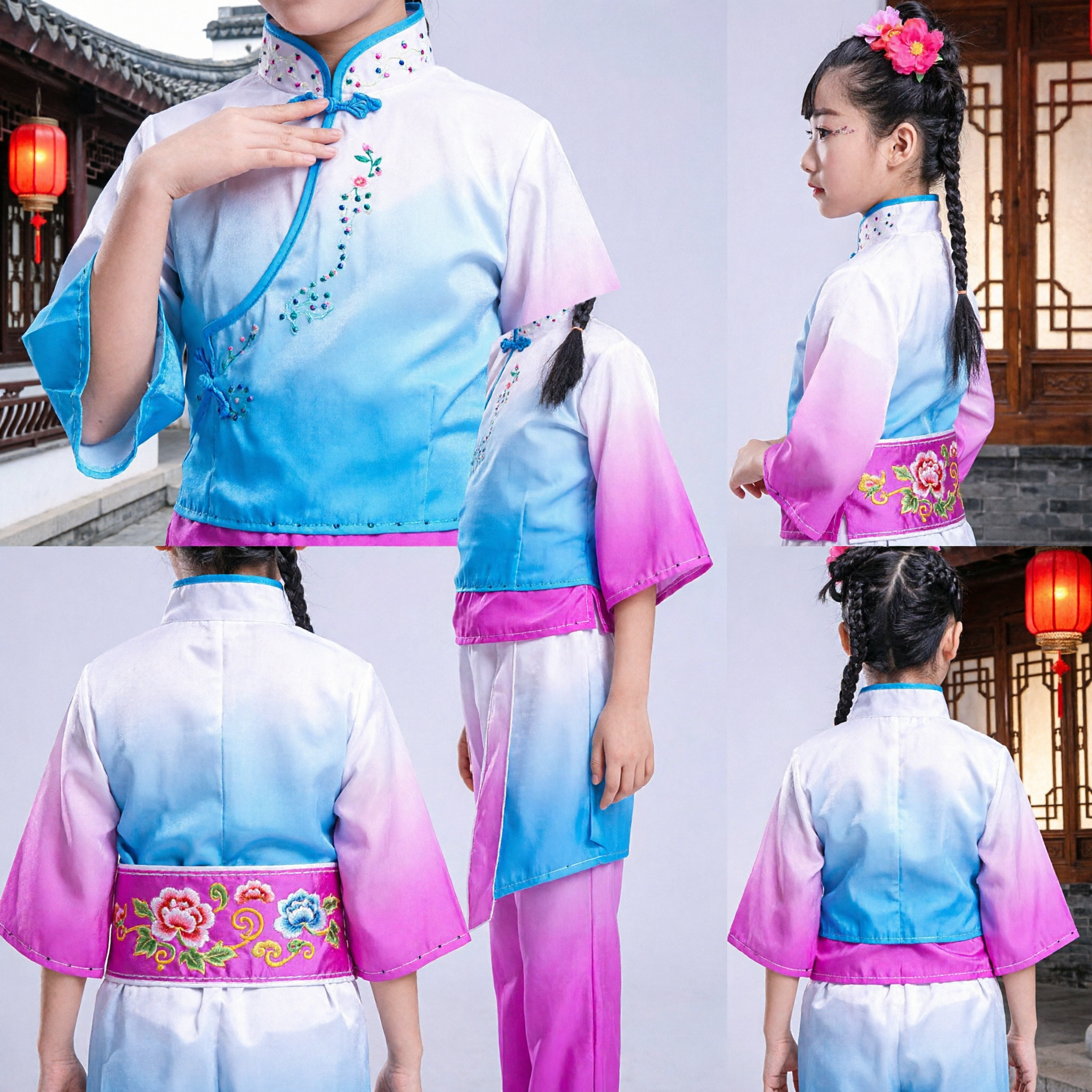 Chinese Traditional Folk Dance Costume for Kids Girls Gradient Blue Pink Umbrella Dance Performance Outfit - Asian Costume