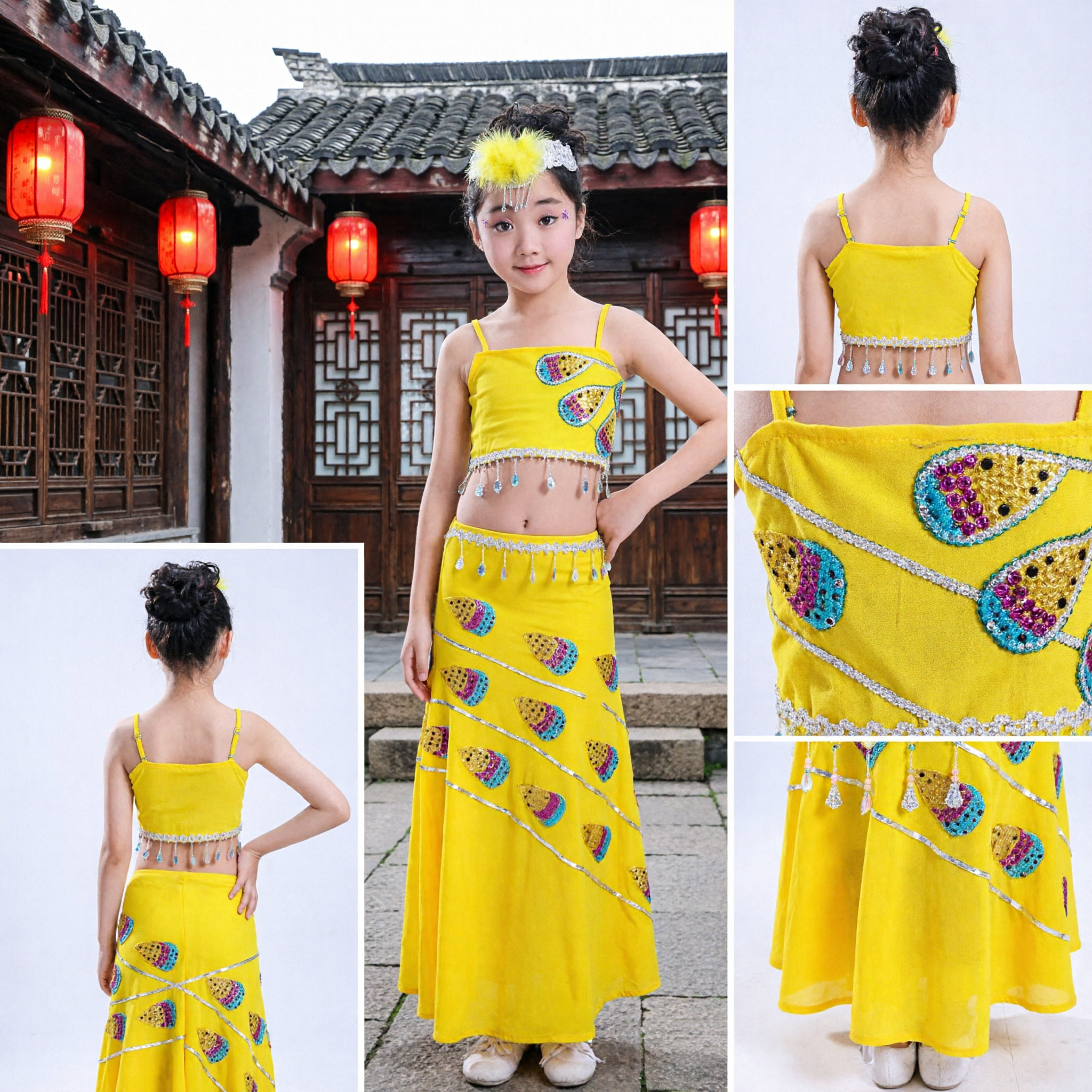 Bright Yellow Dai Minority Peacock Dance Costume Girls Traditional Chinese Ethnic Folk Performance Dress - Asian Costume