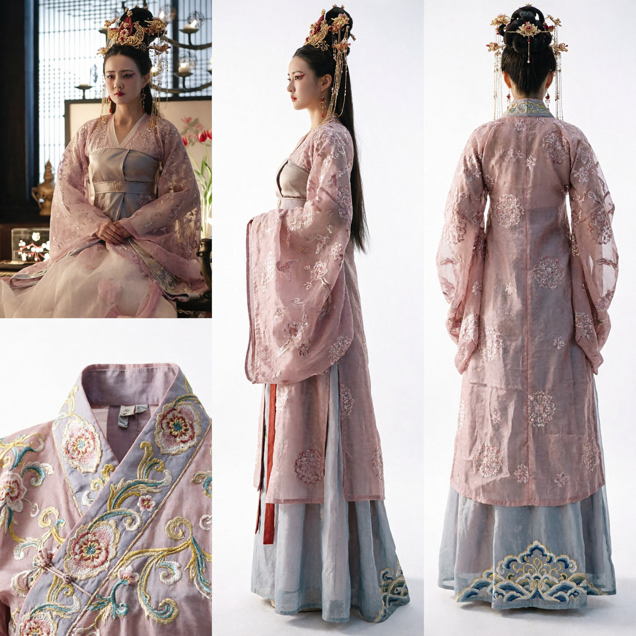Traditional Chinese Hanfu Pink Floral Embroidery Ruqun Dress Ancient Palace Princess Costume for Women - Asian Costume