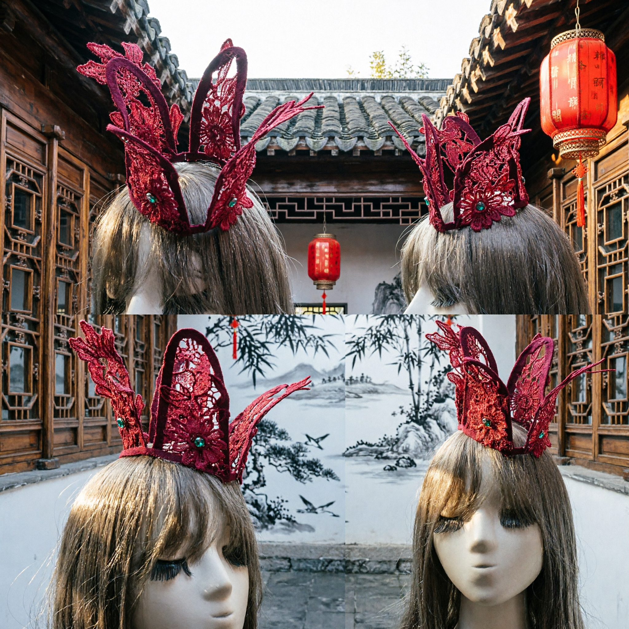 Women's Burgundy Lace Feather Headpiece Gothic Style Hair Accessory for Traditional Costume and Cosplay - Asian Costume