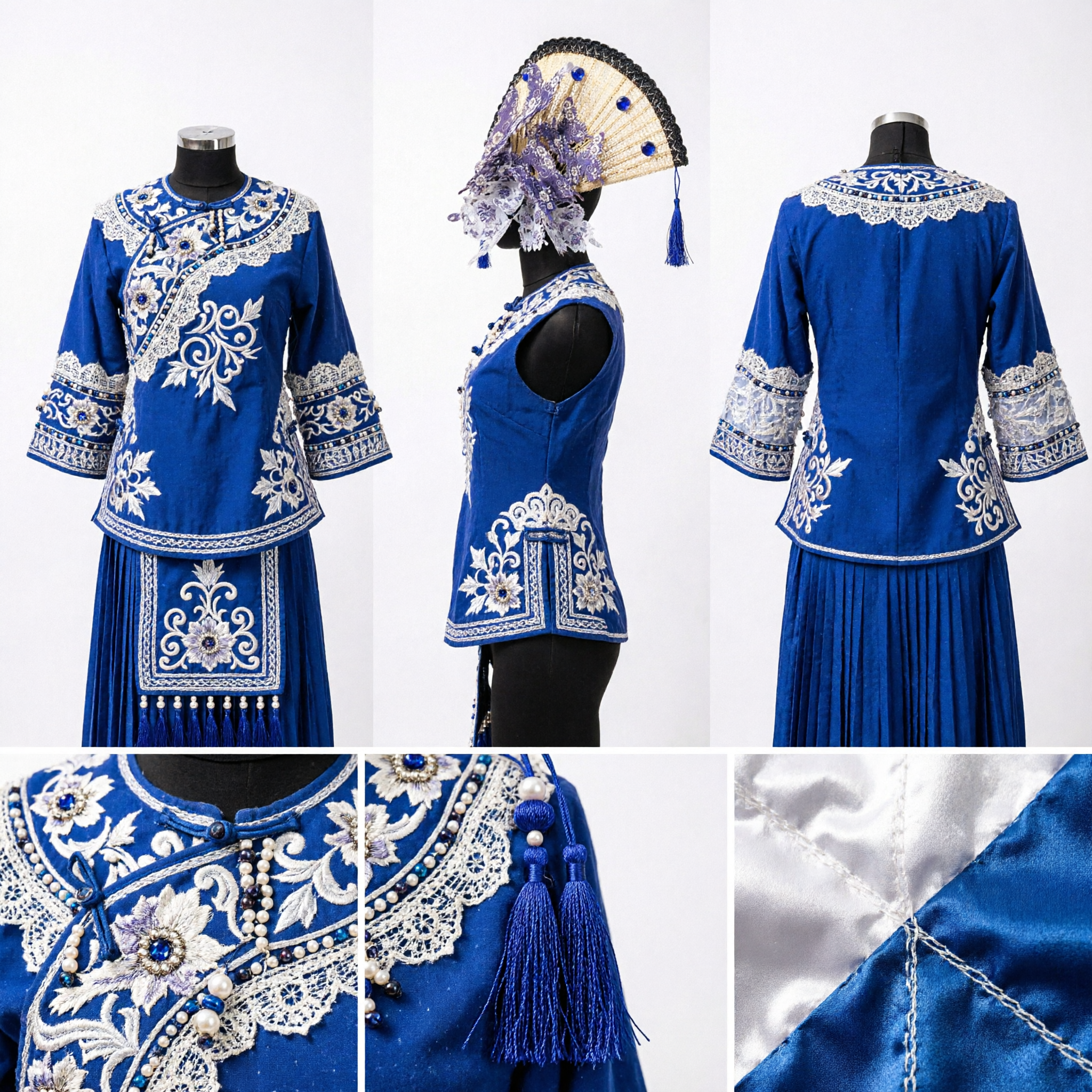 Exquisite Traditional Chinese Blue Lace Folding Fan with Floral Details and Tassels for Hanfu Dance Performances - Asian Costume
