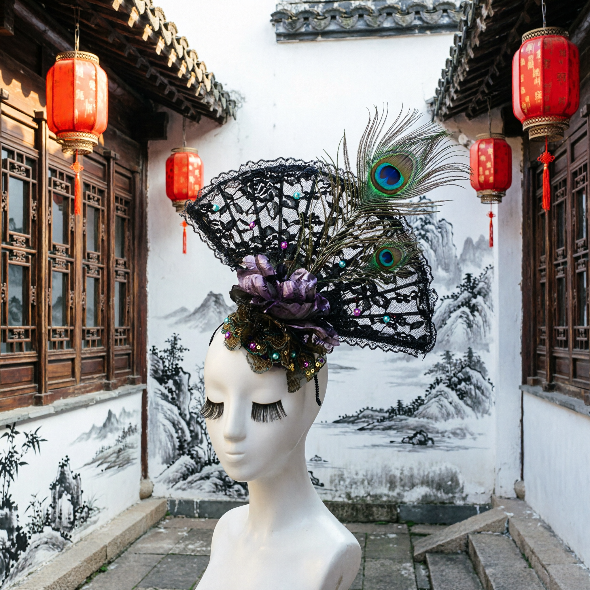 Elegant Black Lace Fan Fascinator with Peacock Feather and Purple Roses for Victorian Masquerade Party - Asian Costume