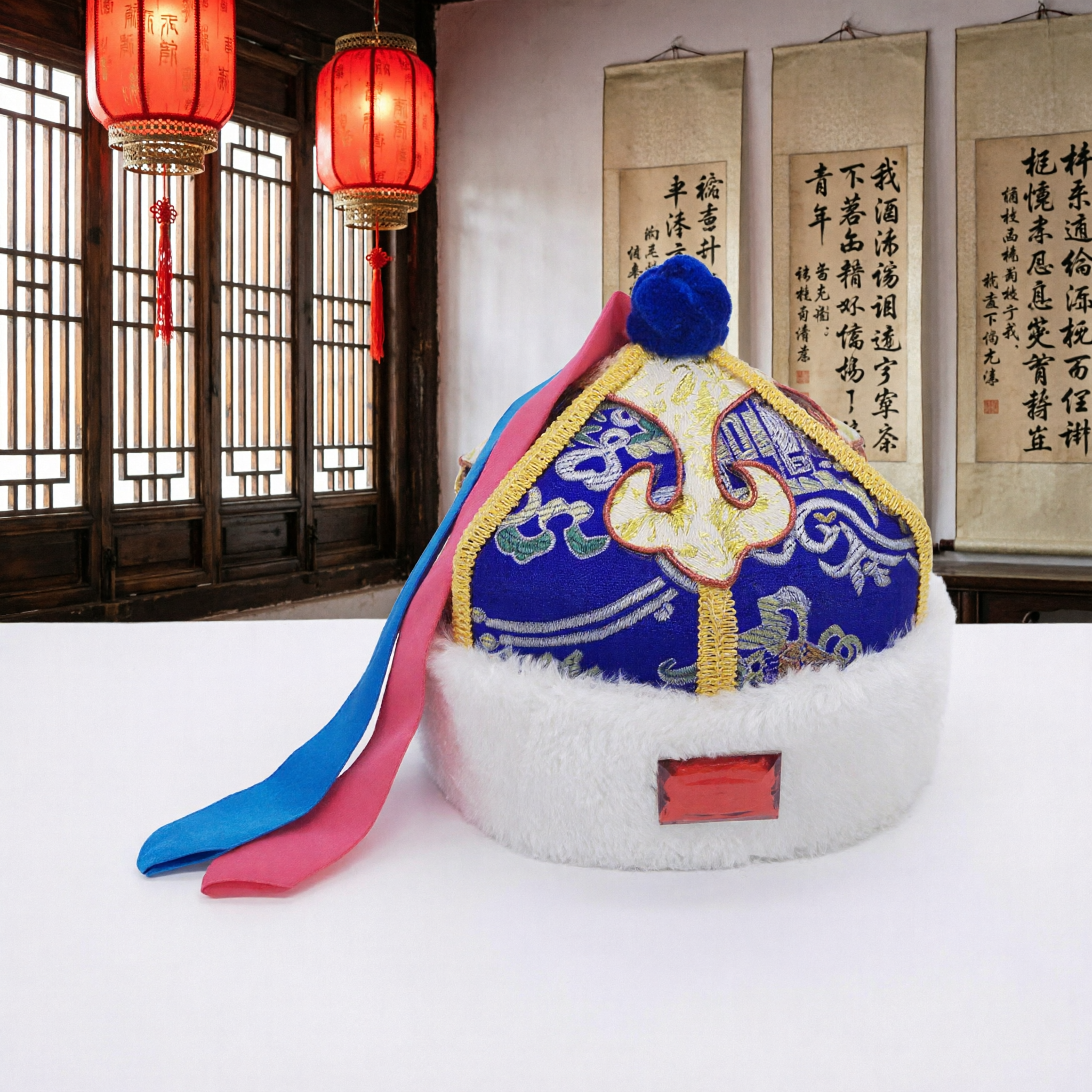 Traditional Mongolian Blue Hat with Gold Embroidery and White Fur Trim for Ethnic Folk Dance Performance - Asian Costume
