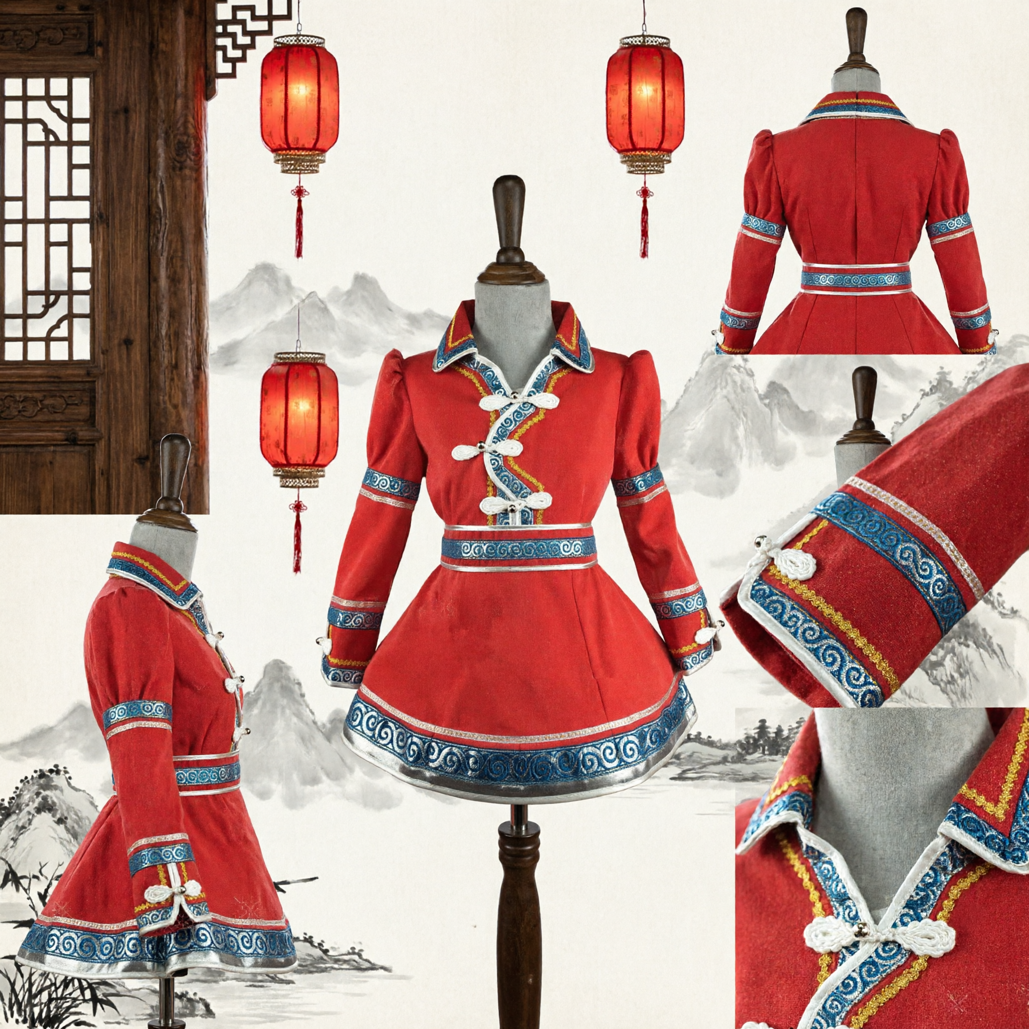 Traditional Chinese Mongolian Red Dance Costume Ethnic Folk Dress with Blue Embroidery for Women Stage Performance - Asian Costume