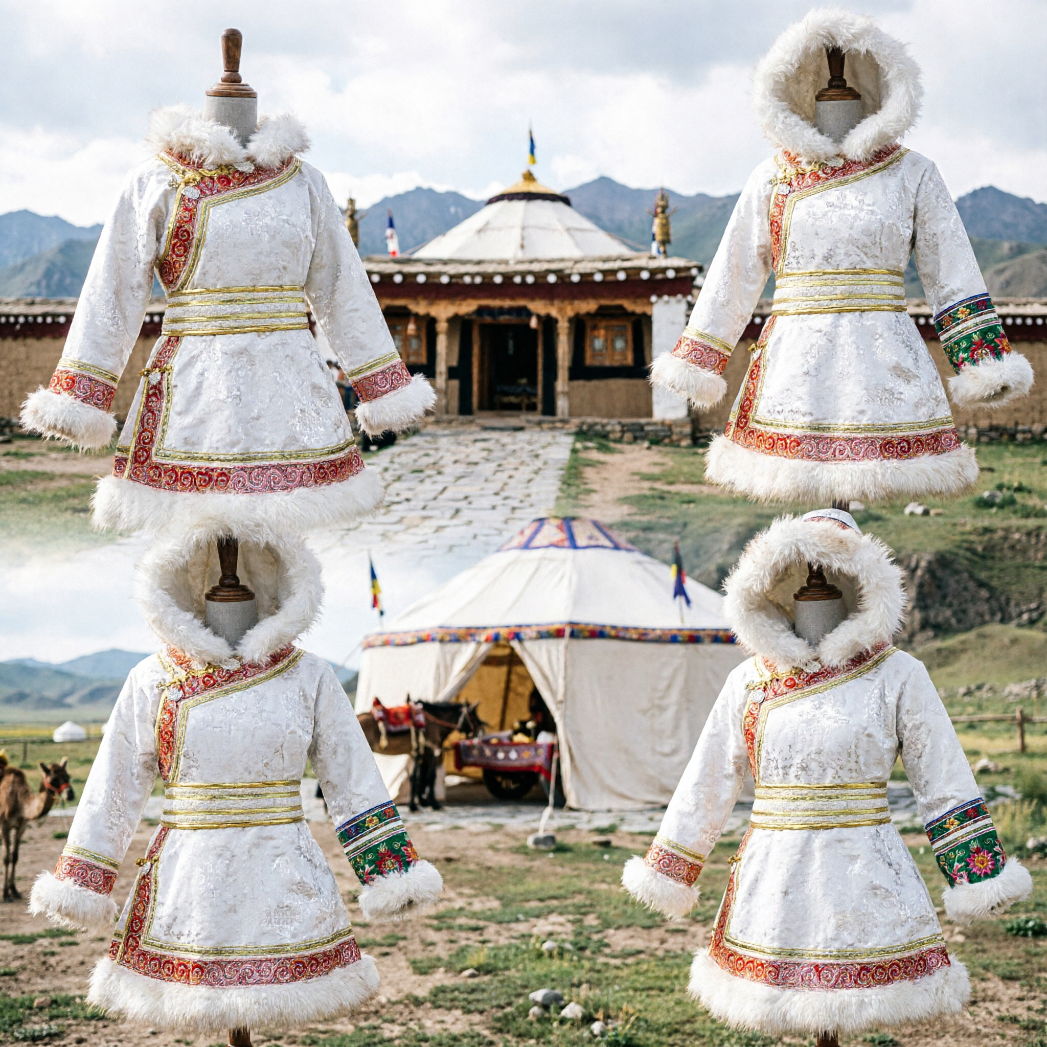 Traditional Mongolian White Hooded Robe with Fur Trim Ethnic Costume for Women Winter Festival Stage Wear - Asian Costume