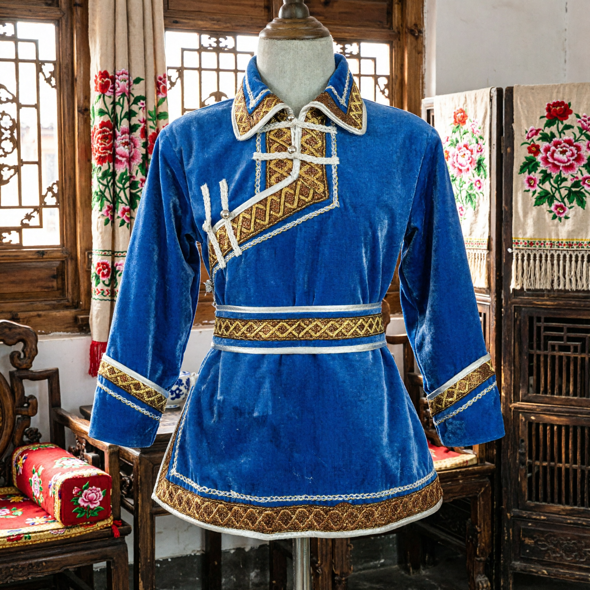 Royal Blue Traditional Mongolian Costume for Kids Ethnic Dance Performance Robe with Gold Embroidery Trim - Asian Costume
