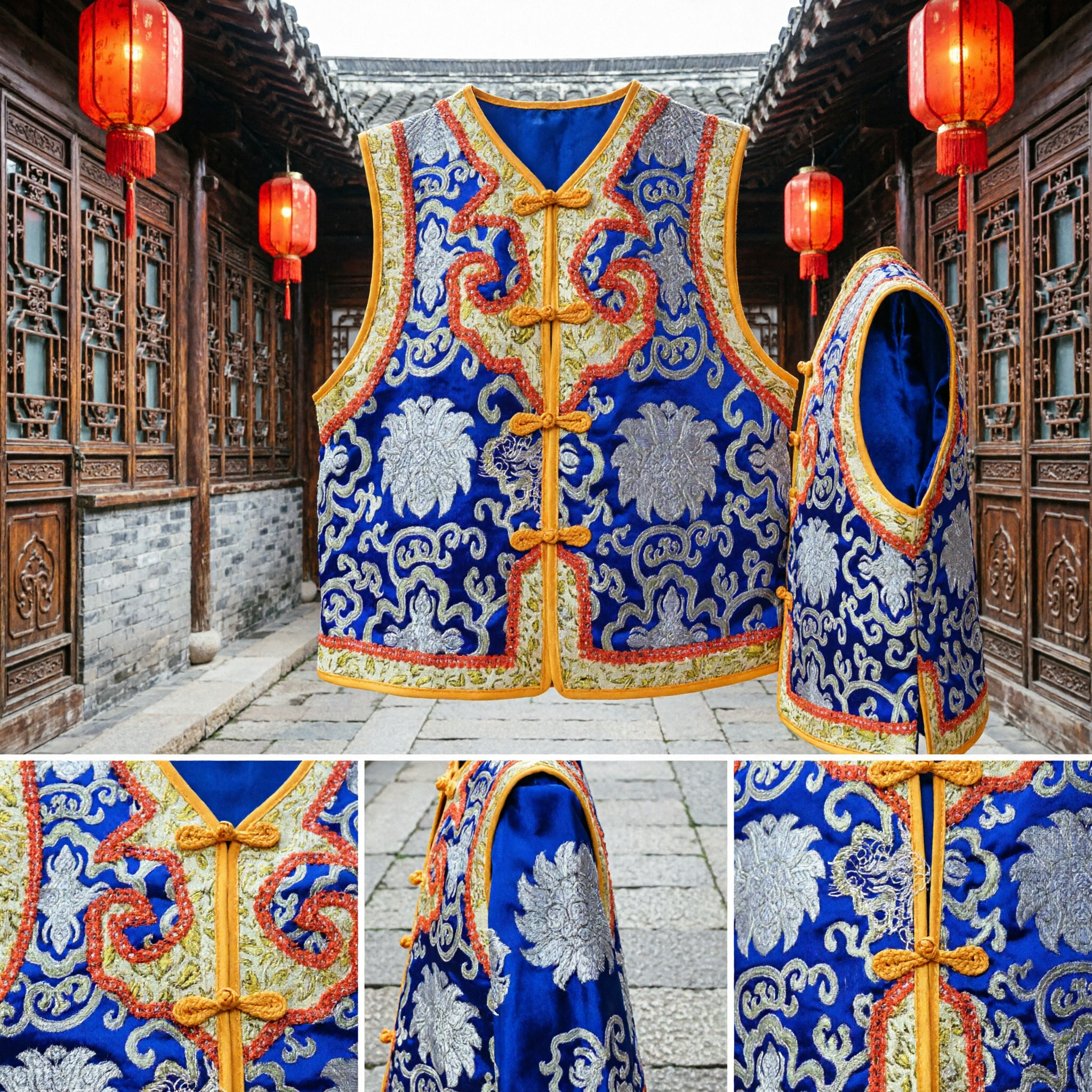 Traditional Chinese Blue Silk Brocade Vest Tang Suit Waistcoat for Men Women Festival Performance Costume - Asian Costume