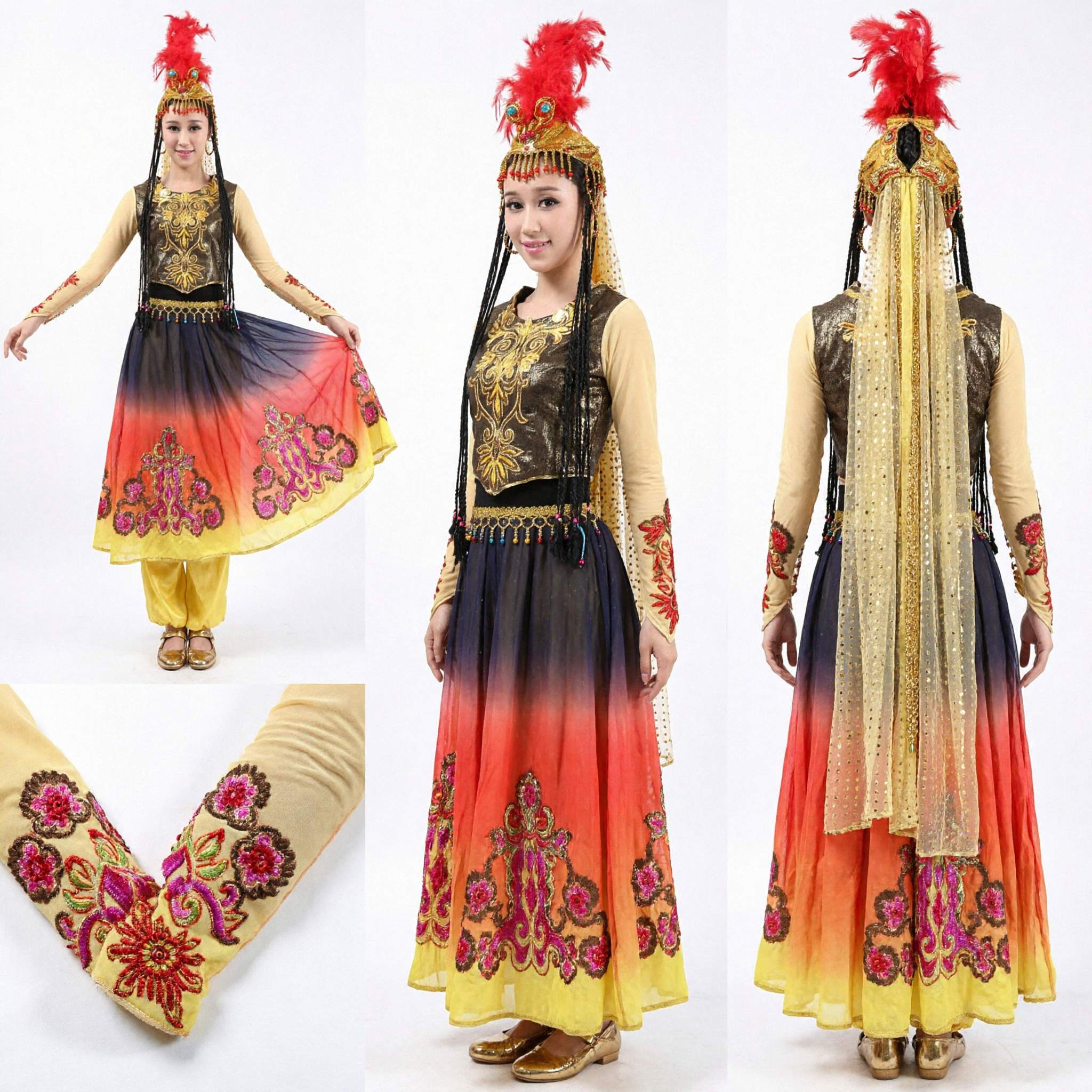 Women's Chinese Traditional Xinjiang Folk Dance Costume Ethnic Stage Performance Dress with Headdress - Asian Costume