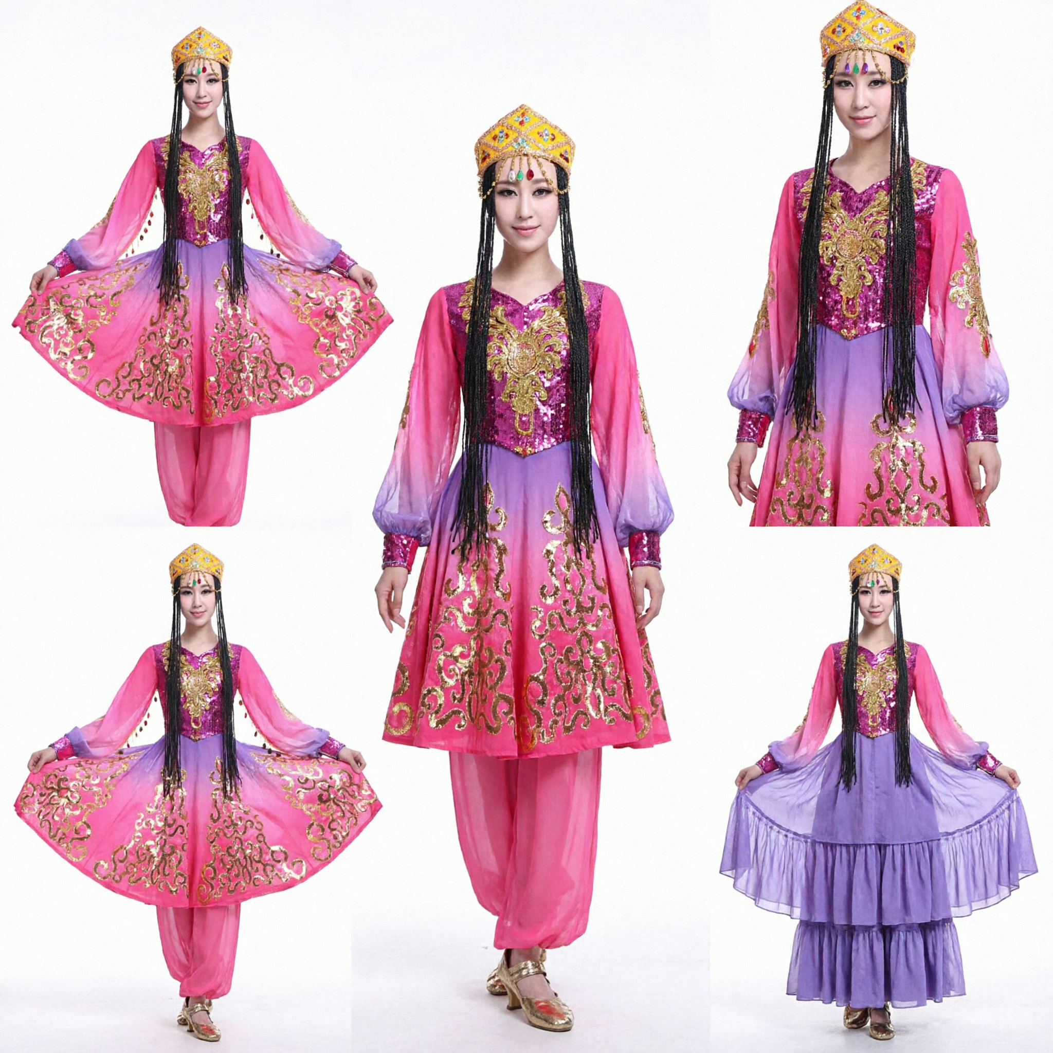 Traditional Chinese Uyghur Dance Costume Pink and Purple Gradient Dress with Gold Embroidery for Stage Performance - Asian Costume