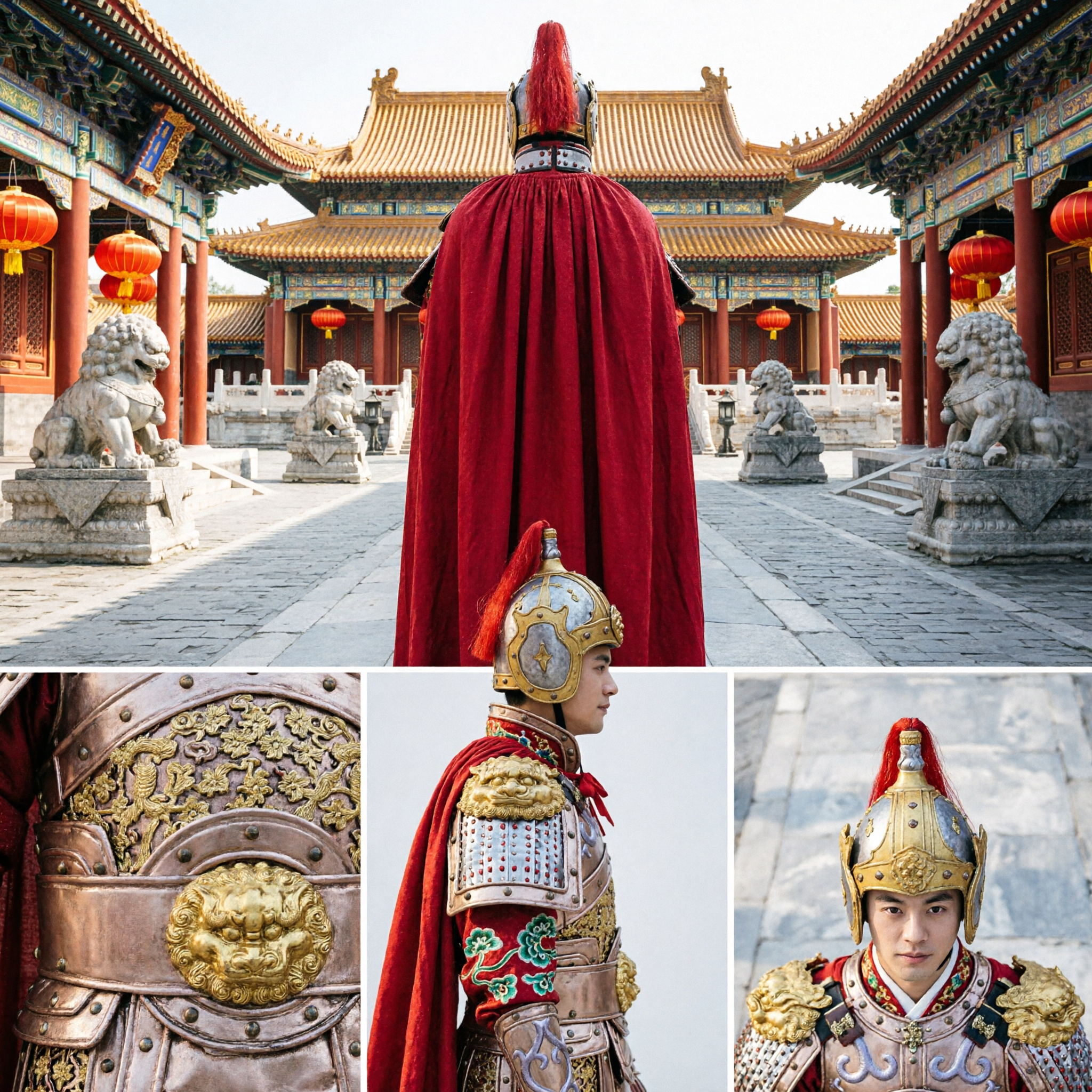 Men's Traditional Chinese General Armor Costume Ancient Warrior Outfit with Red Cape for Cosplay - Asian Costume
