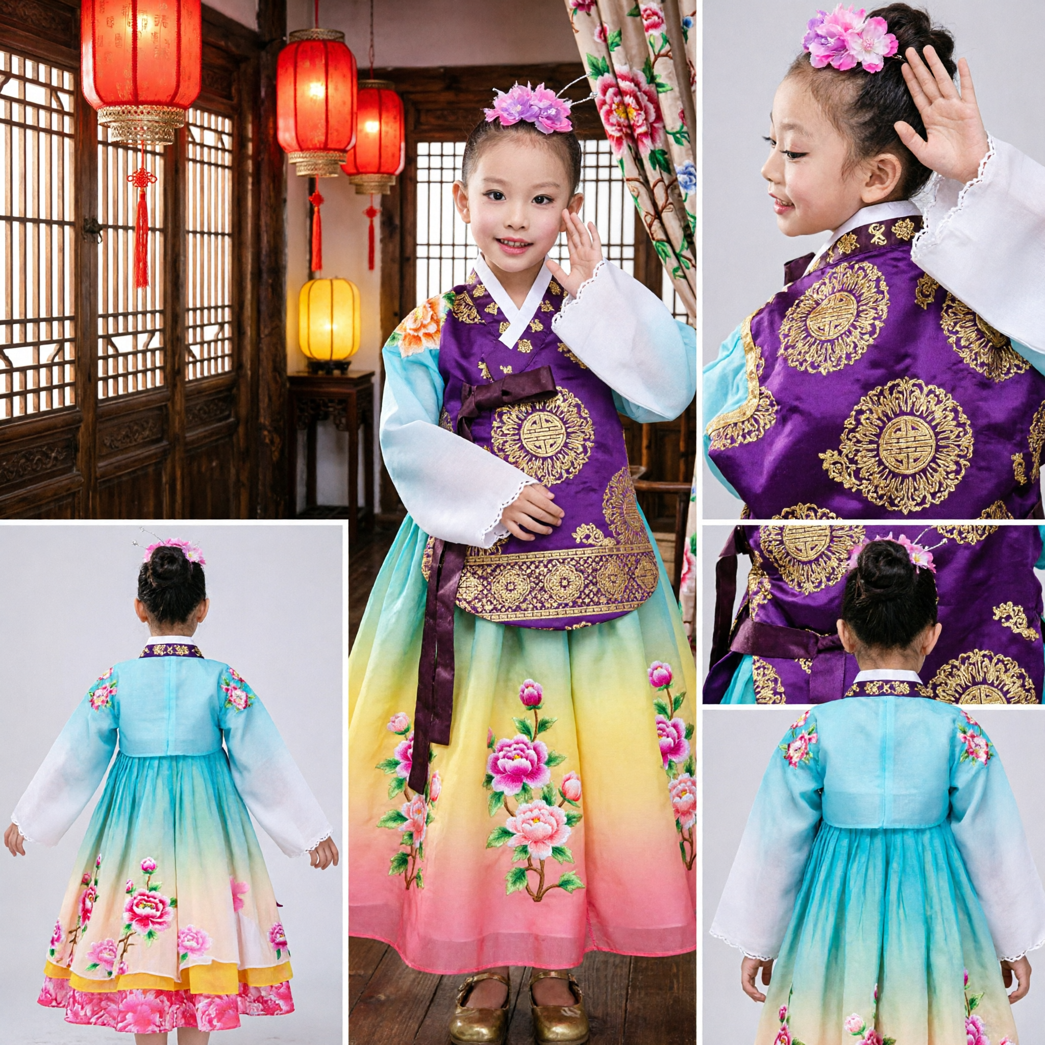 Kids Girls Traditional Korean Hanbok Dance Costume Colorful Gradient Floral Stage Performance Dress Outfit - Asian Costume