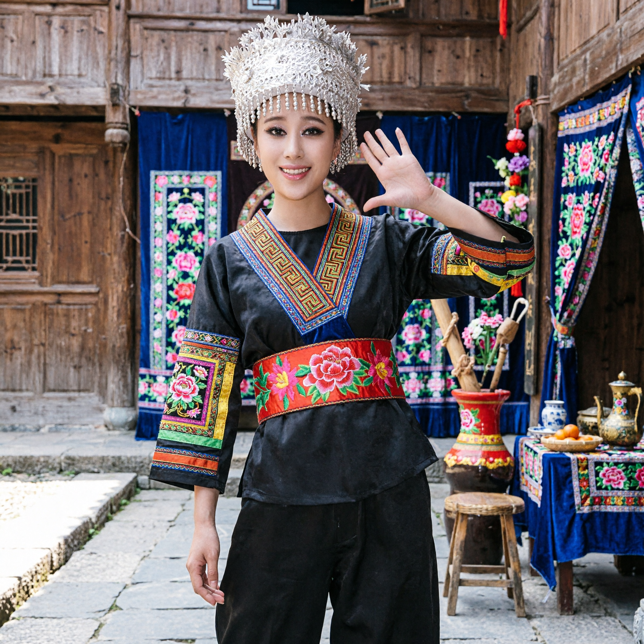 Authentic Traditional Chinese Miao Minority Ethnic Dance Costume for Women featuring Black Embroidery and Silver Headdress - Asian Costume