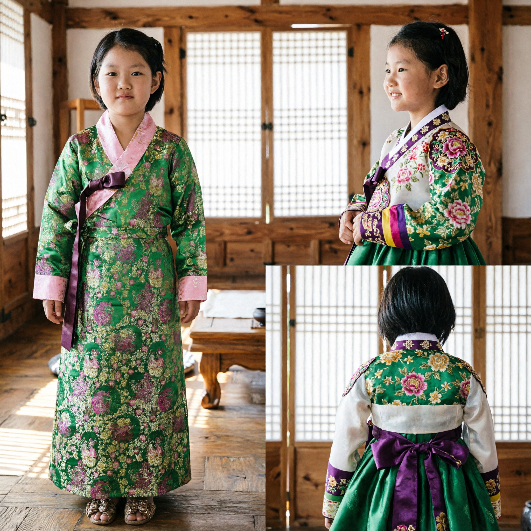 Children's Green Floral Korean Hanbok Traditional Dress Long Sleeve Costume for Girls Performance - Asian Costume