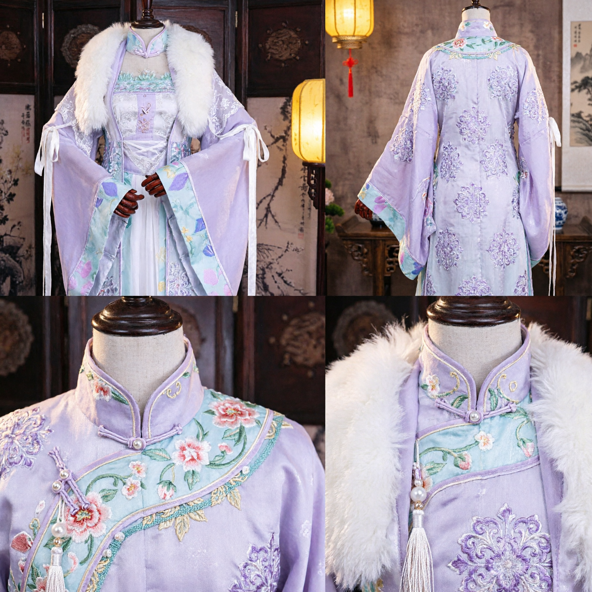 Traditional Chinese Hanfu Ancient Nobility Costume Purple Winter Cloak with Fur Collar Embroidered Dress for Women - Asian Costume