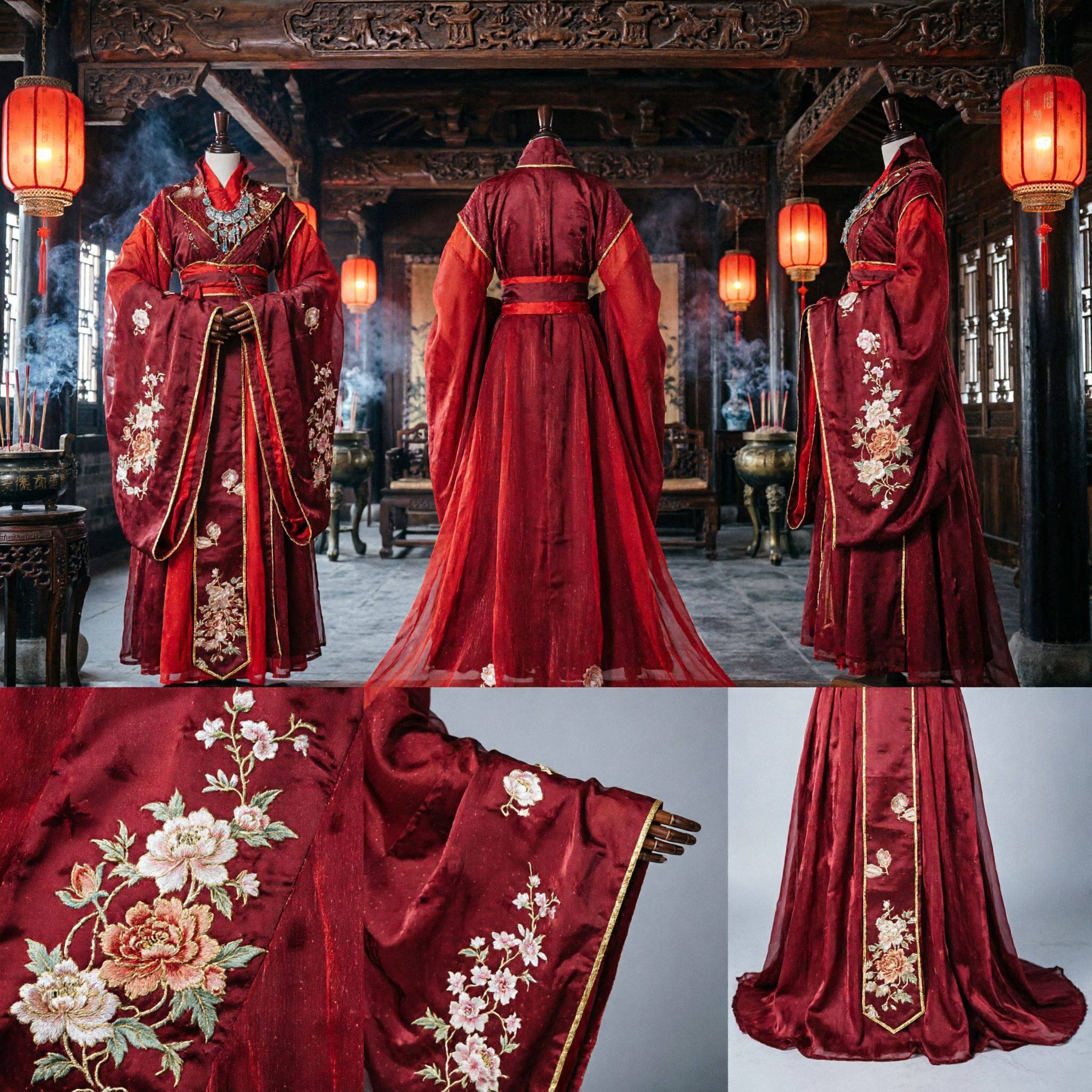 Traditional Red Ancient Chinese Empress Hanfu Wedding Costume for Women with Intricate Gold Embroidery and Long Train - Asian Costume