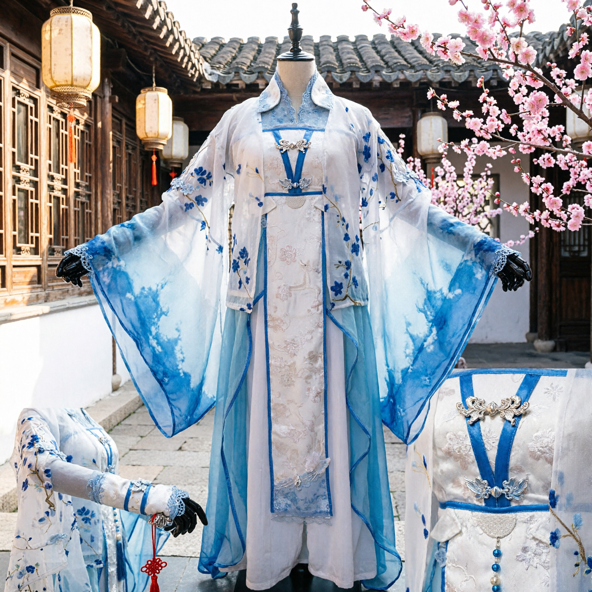Traditional Chinese Hanfu Ancient Swordsman Costume Blue and White Floral Embroidered Robe for Men Cosplay Performance - Asian Costume