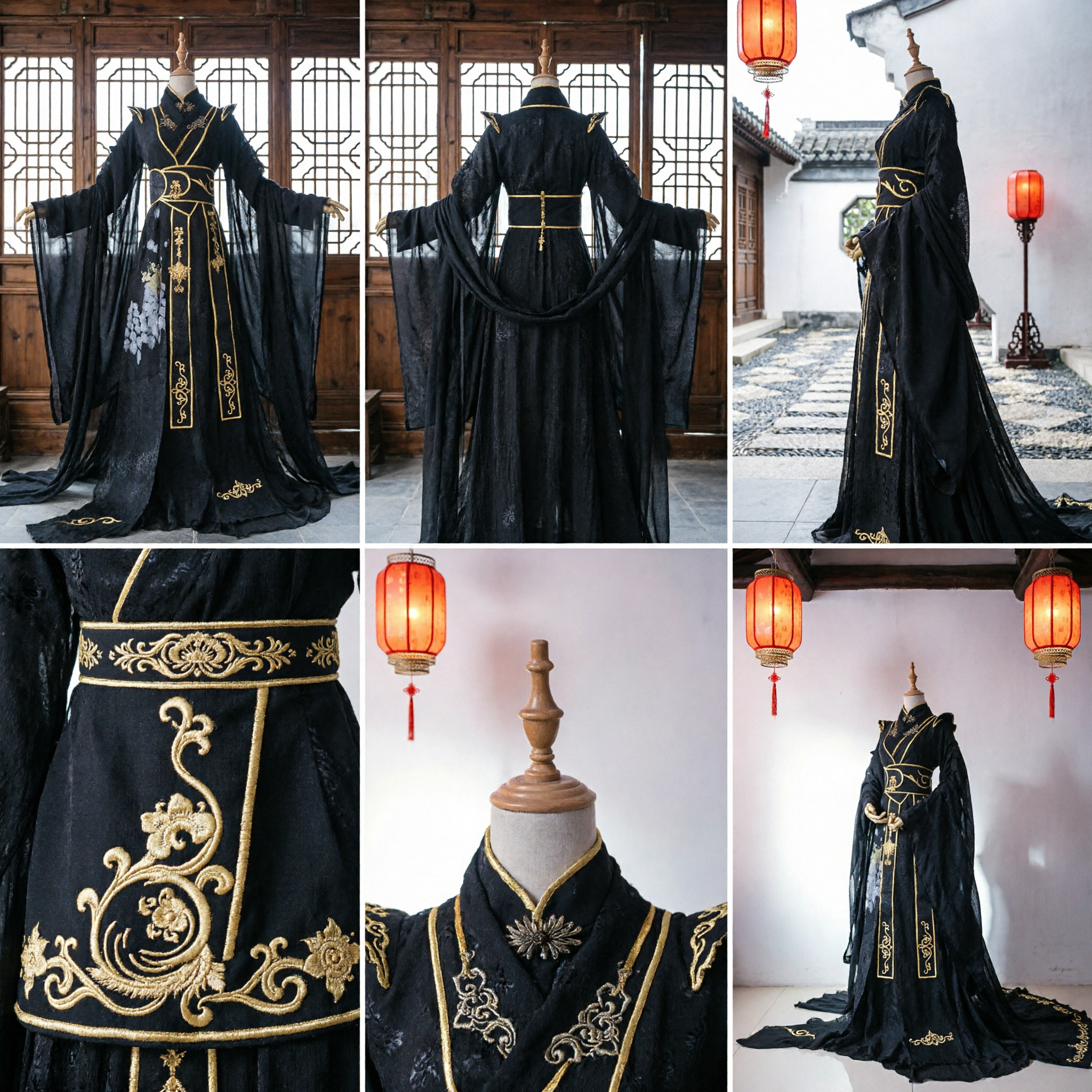 Black Chinese Traditional Hanfu Costume Ancient Fantasy Knight Robe with Gold Embroidery for Cosplay - Asian Costume