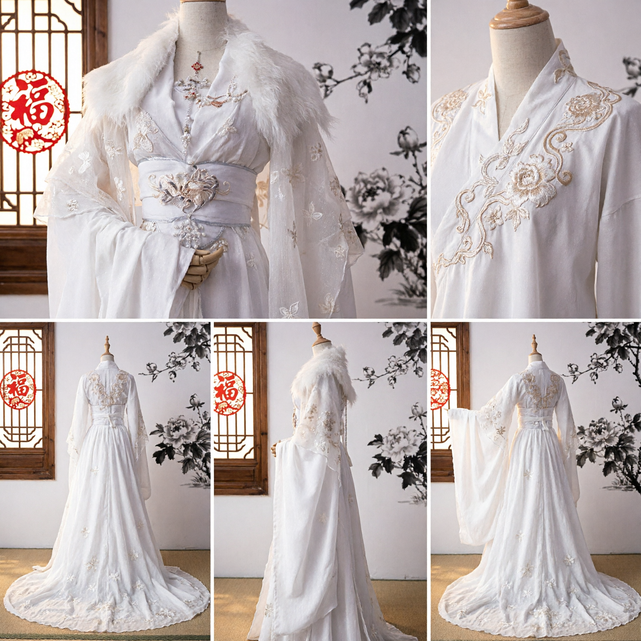 Elegant White Chinese Hanfu Traditional Costume Ancient Fairy Dress with Fur Collar Embroidery for Women - Asian Costume