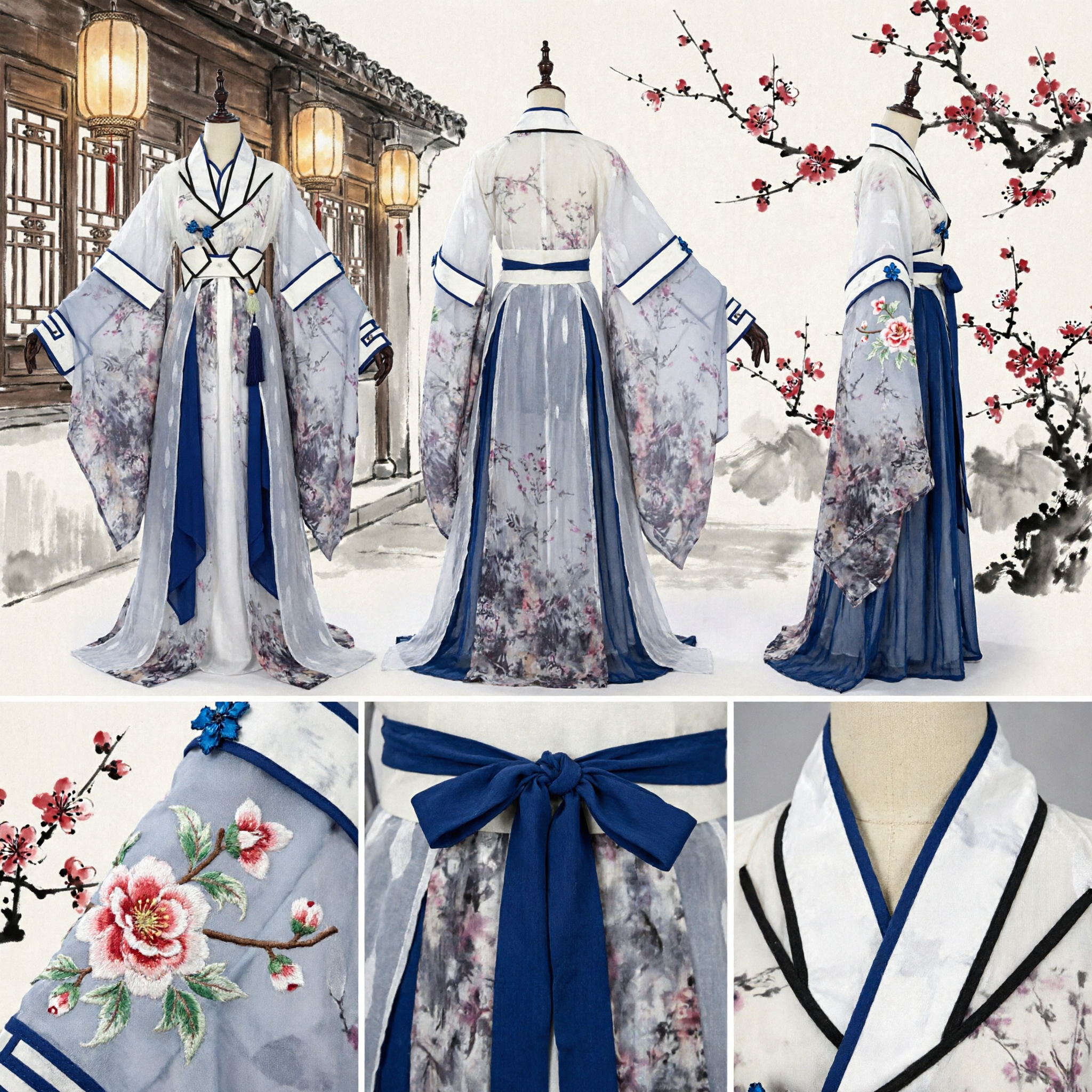 Men's Chinese Traditional Hanfu Costume Ancient Swordsman Scholar Robe Wuxia Cosplay Outfit with Ink Painting - Asian Costume