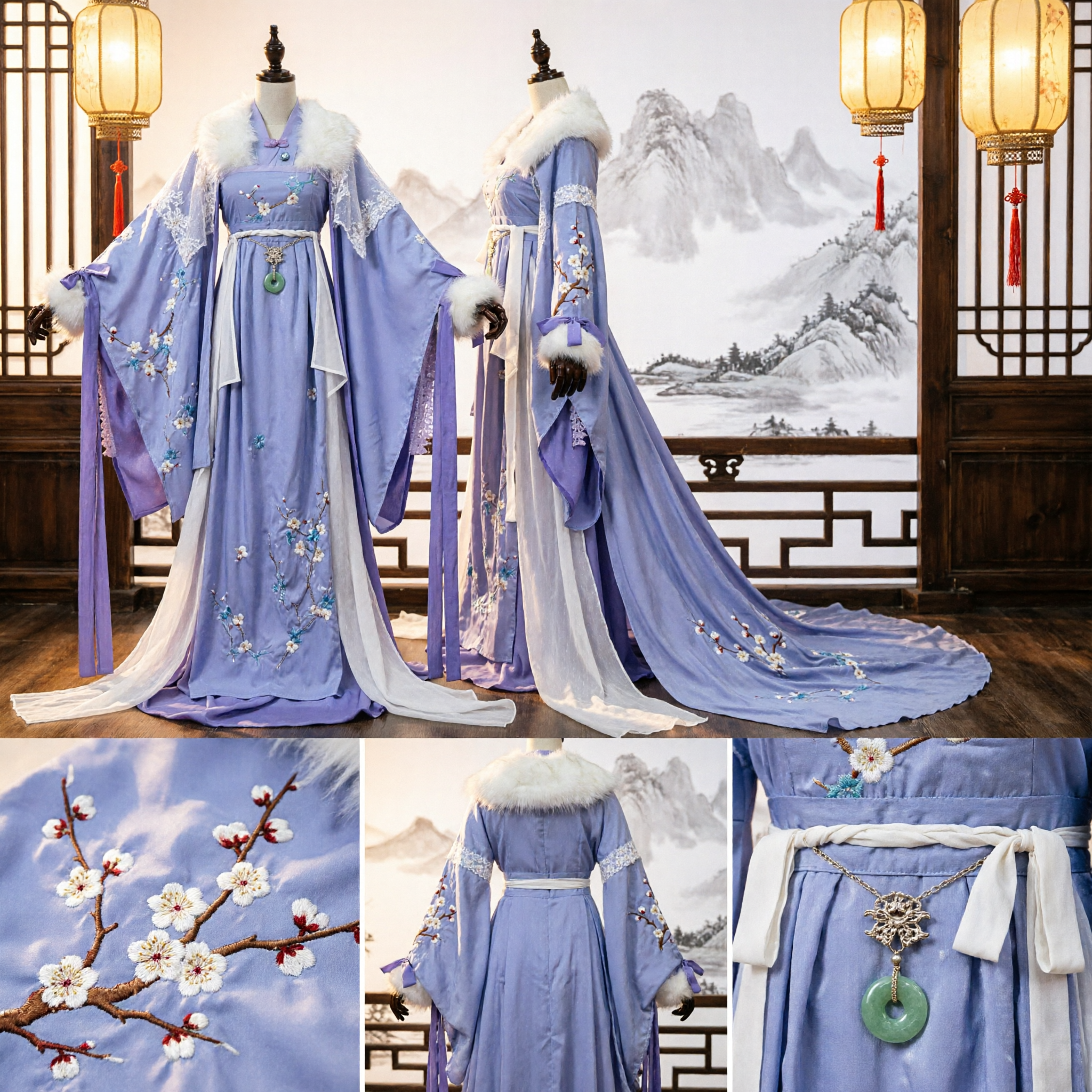 Elegant Chinese Traditional Hanfu Purple Embroidered Ancient Princess Costume with Fur Collar for Women Cosplay - Asian Costume