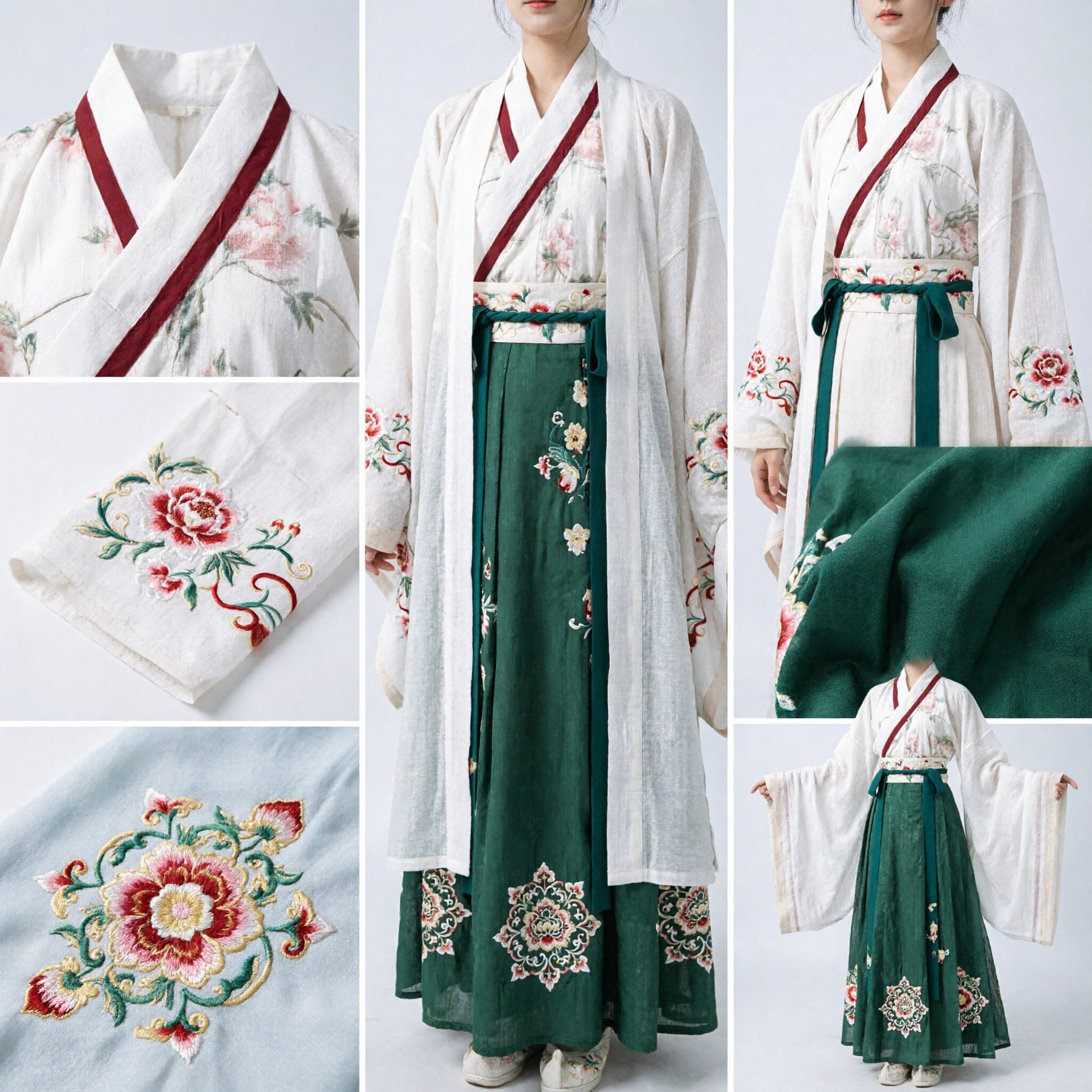 Traditional Chinese Hanfu Costume Ancient Fairy Goddess Dress Green Floral Skirt White Robe for Women - Asian Costume