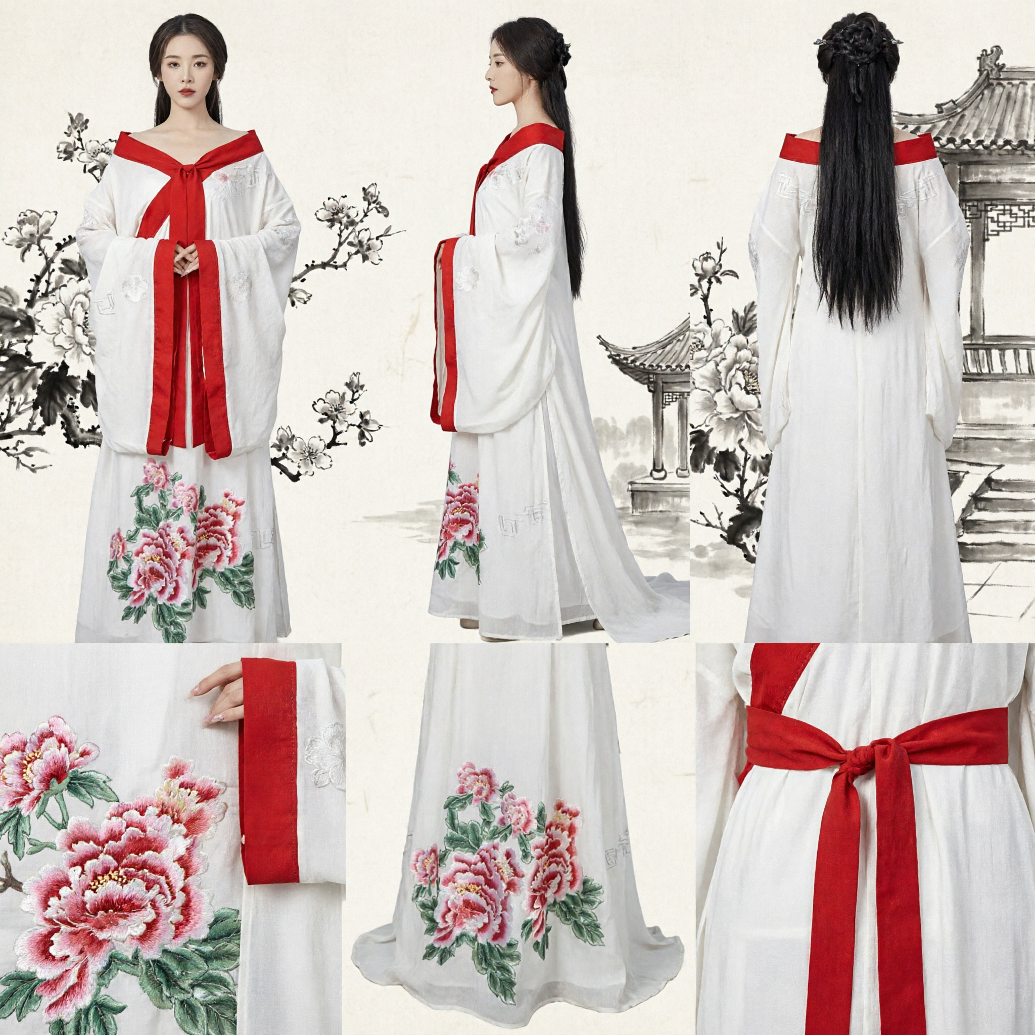 Chinese Traditional Hanfu Ancient Costume White Tang Dynasty Dress with Red Sash Embroidered Skirt for Women Cosplay - Asian Costume