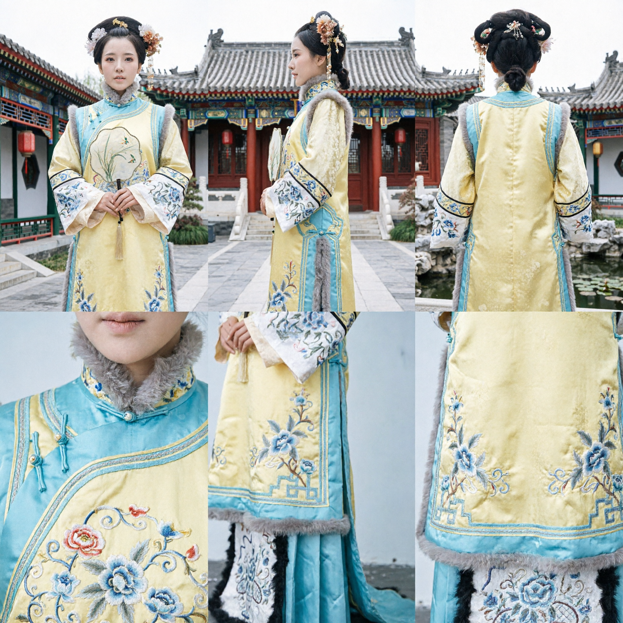 Traditional Chinese Qing Dynasty Princess Costume Yellow and Blue Manchu Embroidered Robe for Women Cosplay - Asian Costume