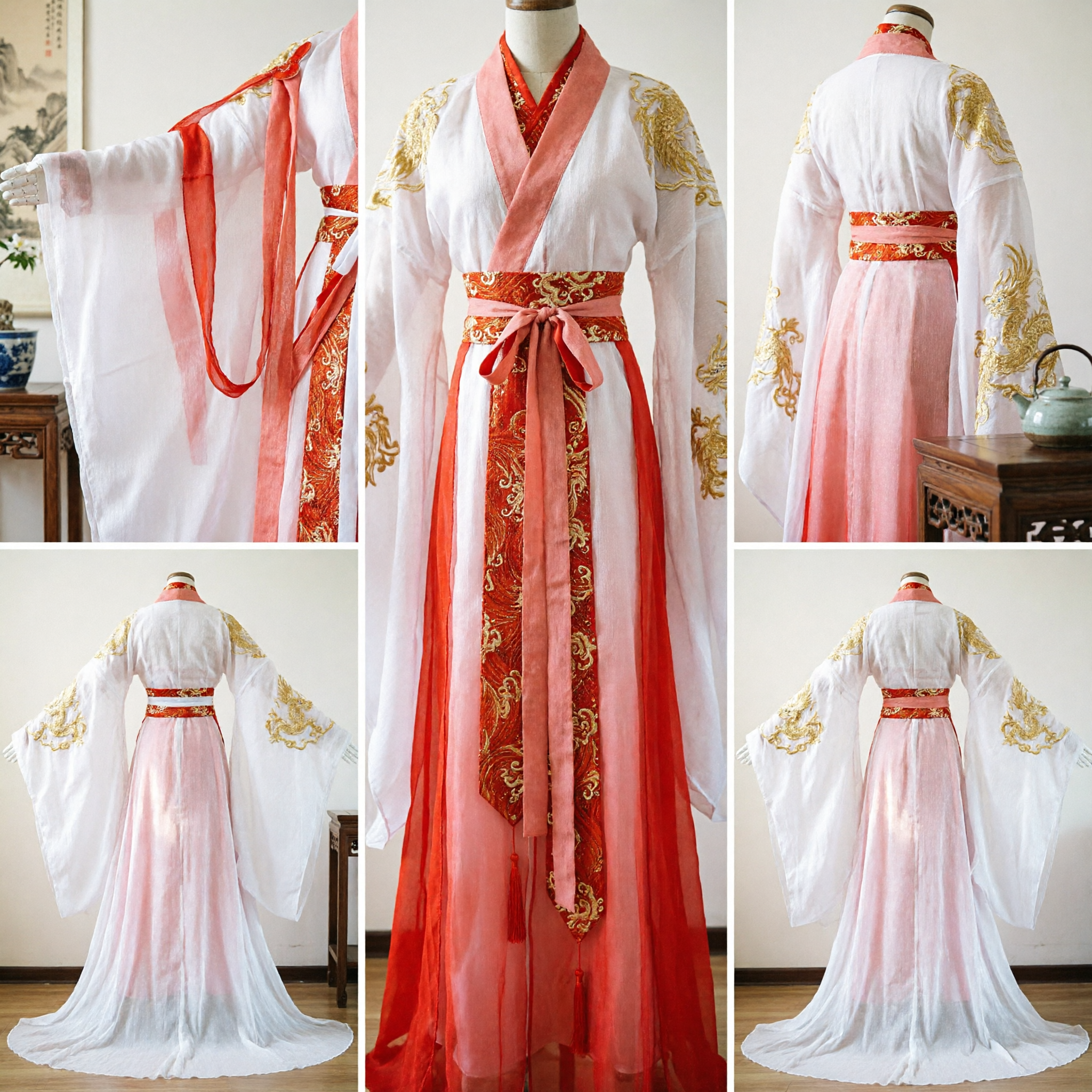 Elegant Red and White Chinese Hanfu Ancient Princess Costume Embroidered Fairy Dress for Women Cosplay - Asian Costume