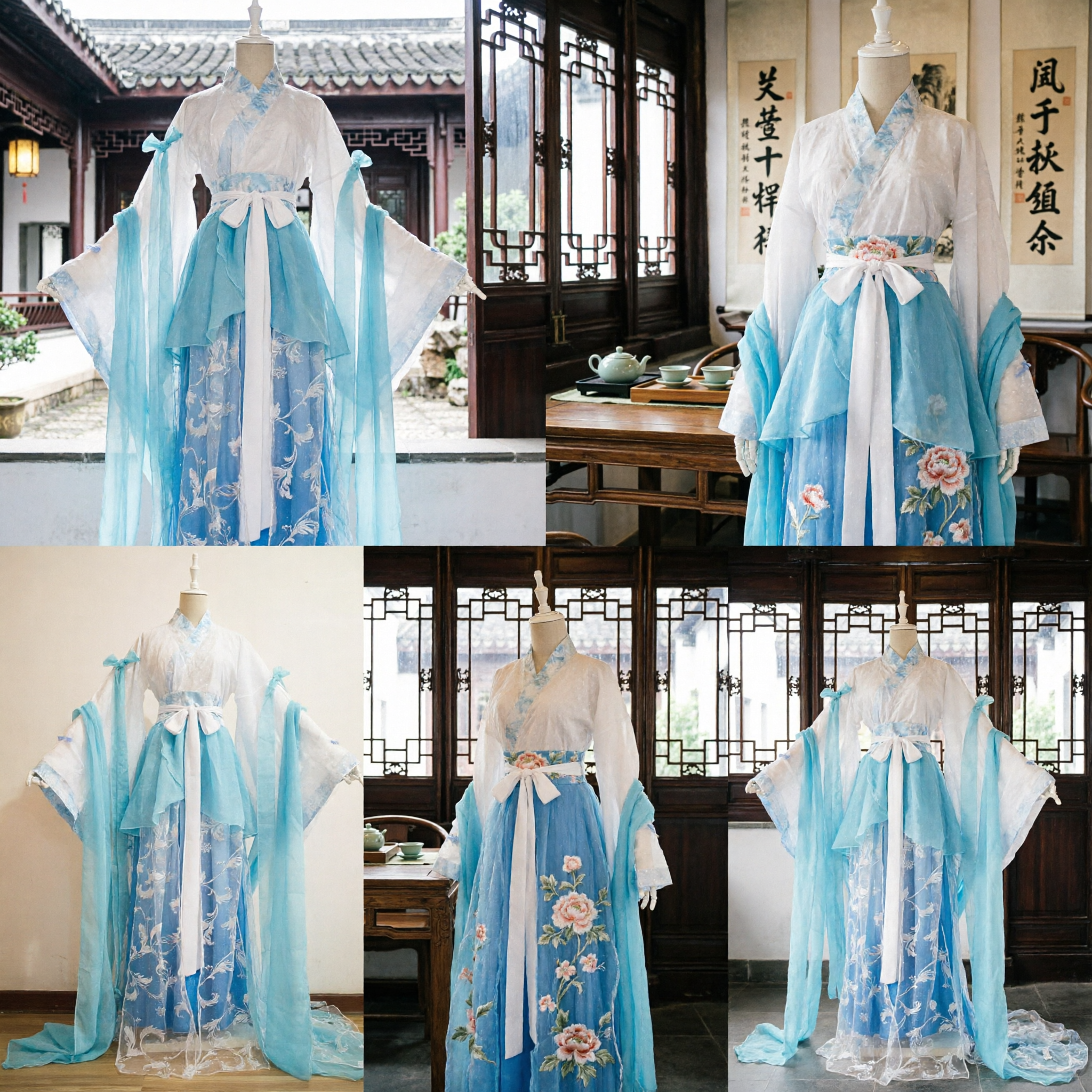 Traditional Chinese Hanfu Blue and White Gradient Embroidered Dress for Women Cosplay Performance - Asian Costume