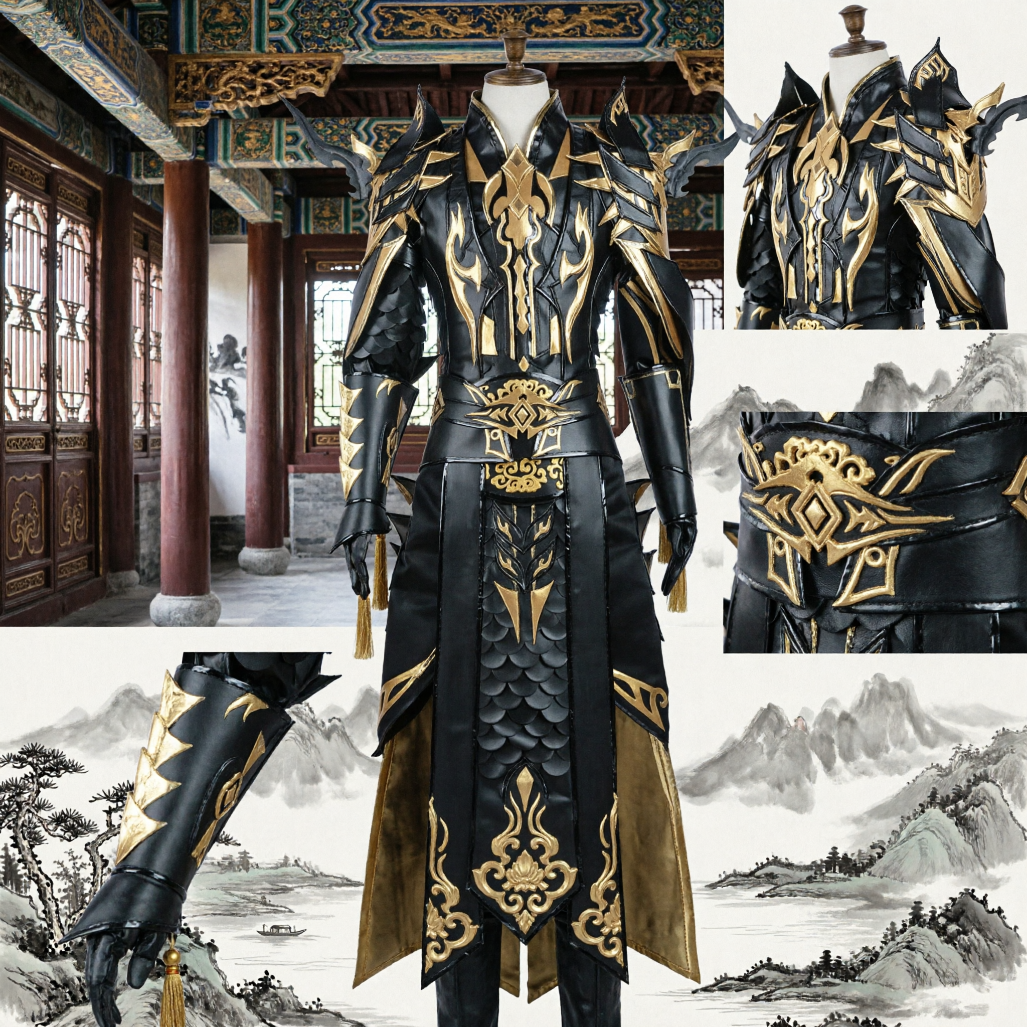 Men's Black and Gold Chinese Fantasy Armor Cosplay Costume Ancient Warrior General Outfit for LARP and Performance - Asian Costume