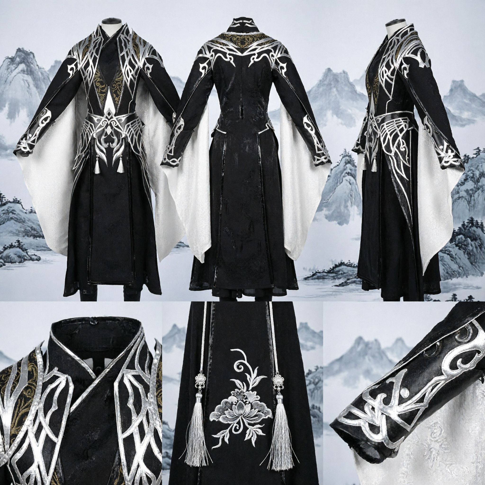 Chinese Traditional Hanfu Men's Black Wuxia Swordsman Costume with Silver Embroidery for Cosplay and Stage Performance - Asian Costume