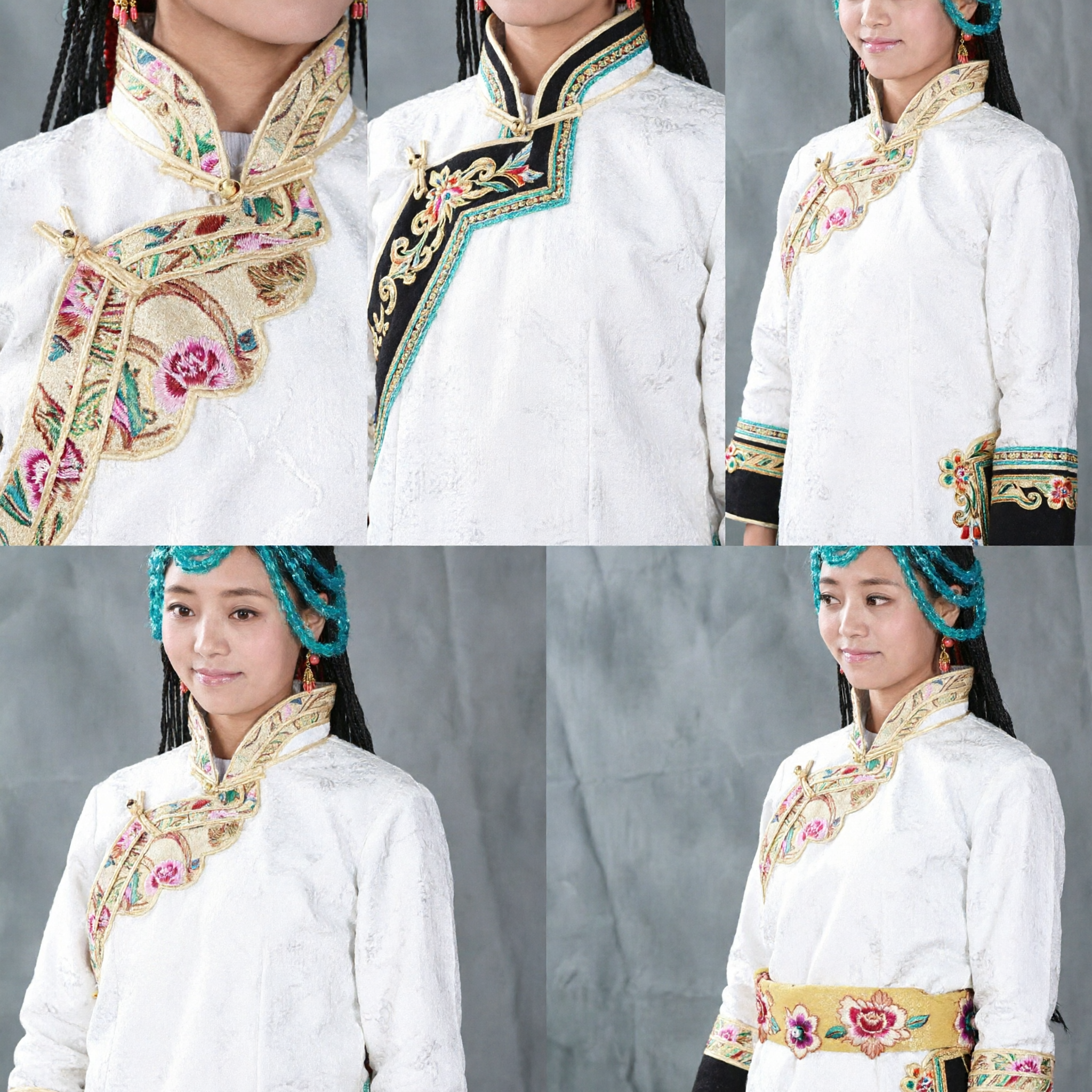 Chinese Traditional Tibetan Ethnic Minority Costume Women's White Embroidered Robe with Turquoise Beaded Headwear for Dance - Asian Costume