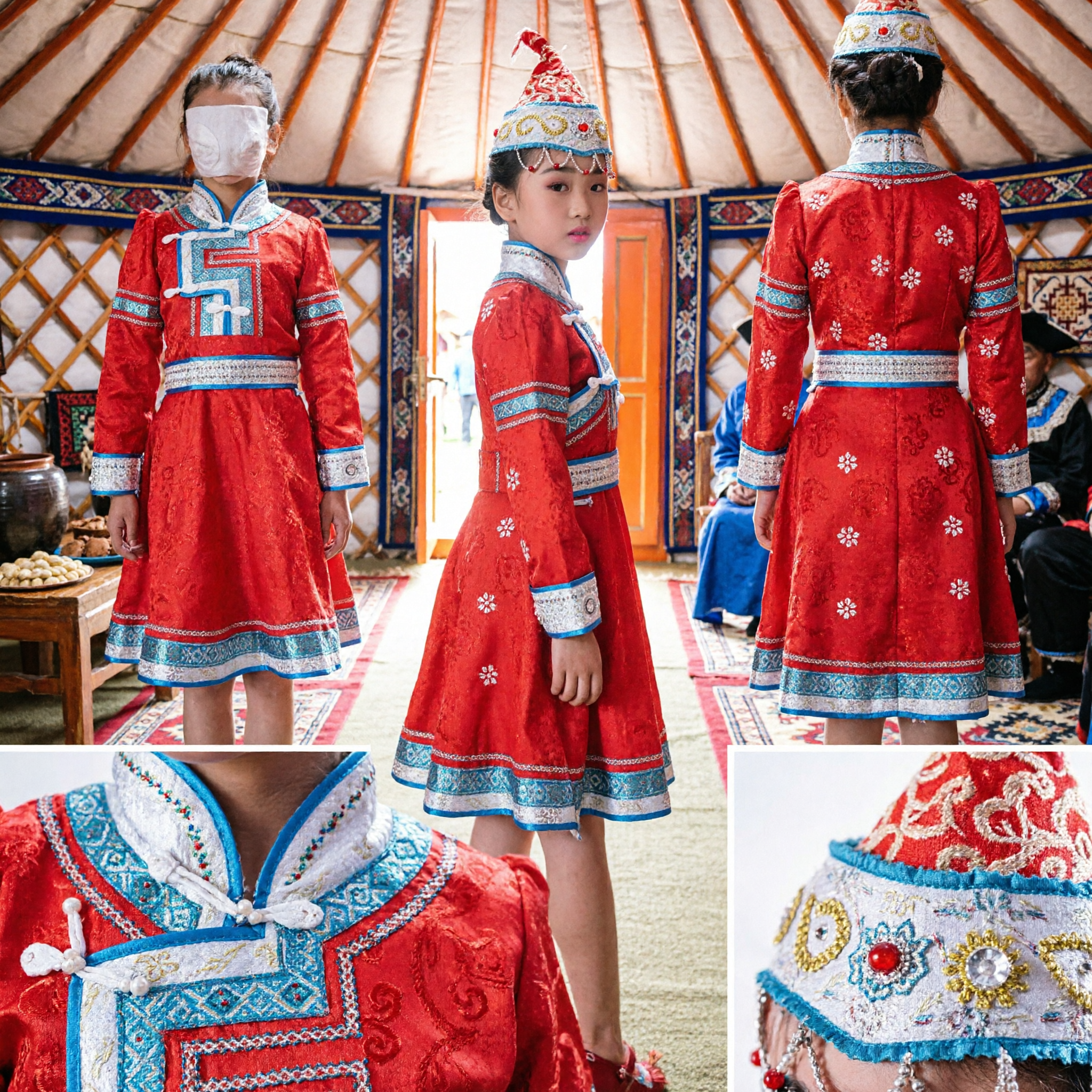 Kids Mongolian Ethnic Red Dress Traditional Costume Girl Dance Performance Outfit with Embroidered Hat - Asian Costume