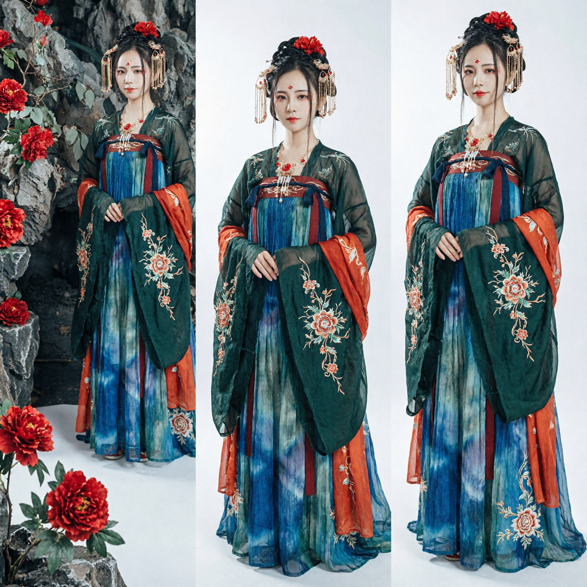 Elegant Blue Gradient Hanfu Traditional Chinese Ancient Costume with Red Robe for Women Princess Cosplay - Asian Costume