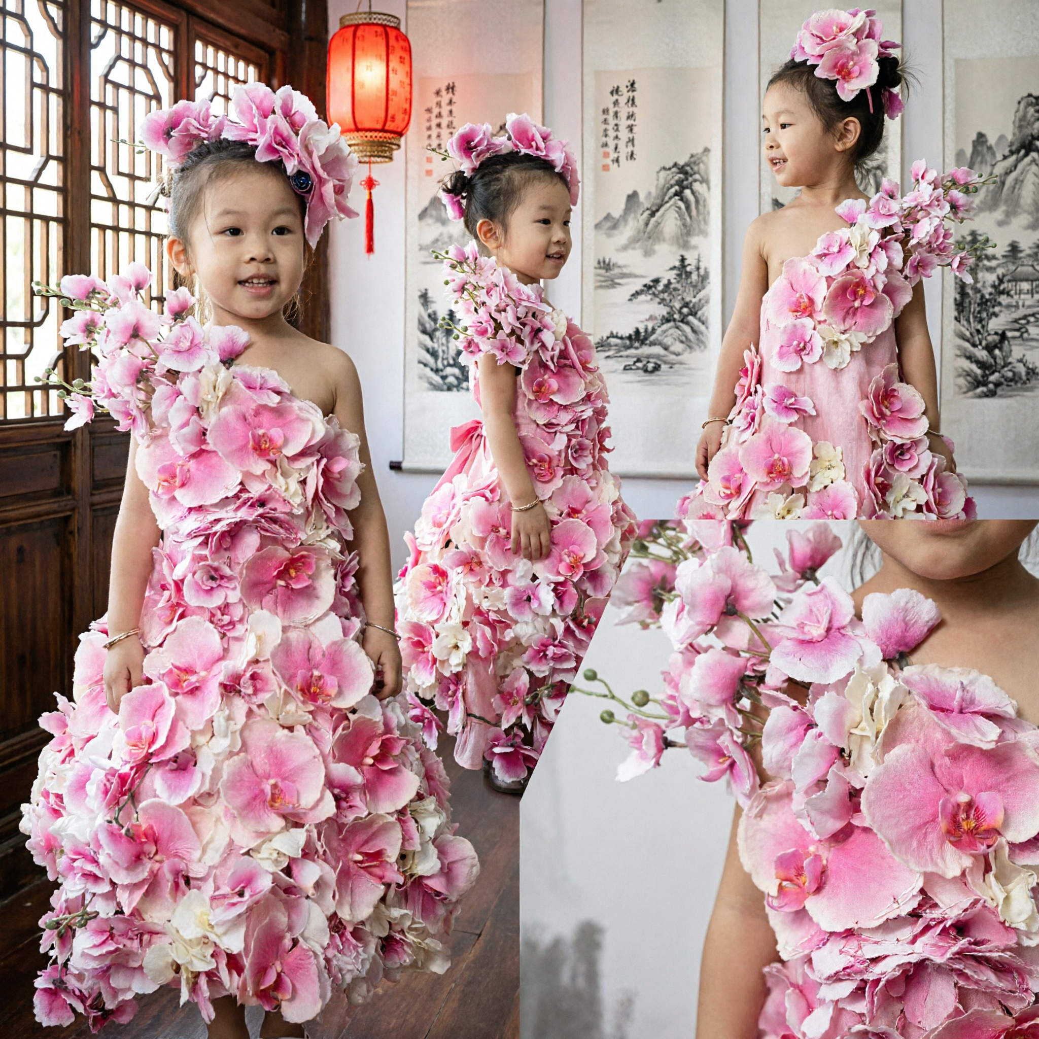 Kids Pink Orchid Flower Dress Costume Stage Performance Gown with Matching Floral Headpiece for Girls - Asian Costume