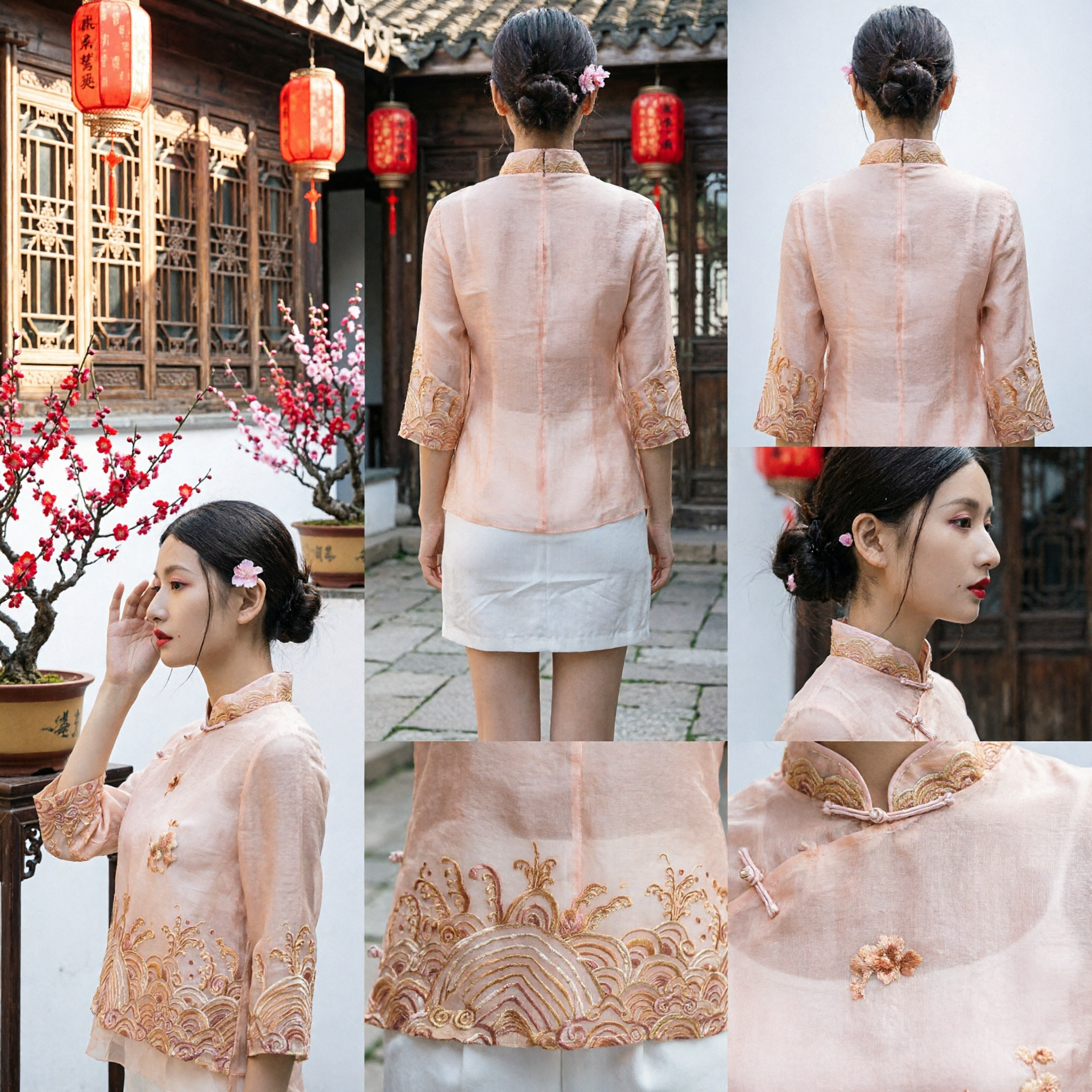Elegant Women's Traditional Chinese Peach Tang Suit Top with Embroidery and Mandarin Collar for Tea Ceremony - Asian Costume