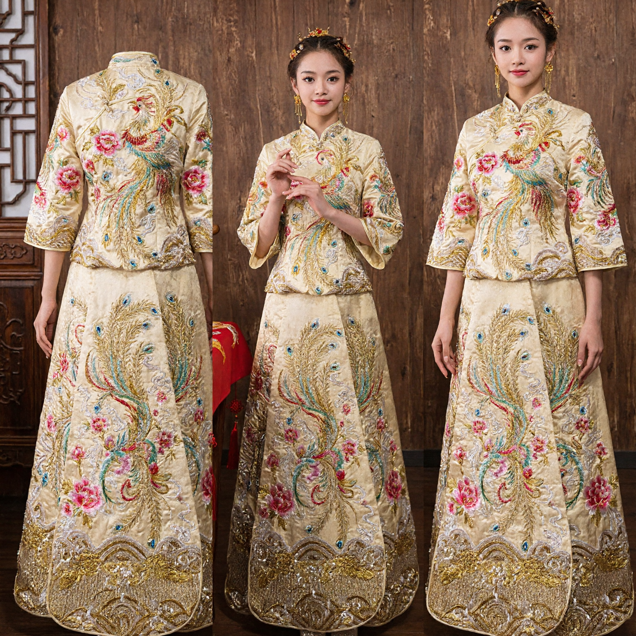 Luxury Gold Peacock Embroidered Chinese Xiu He Fu Traditional Wedding Dress Two-Piece Set for Brides - Asian Costume