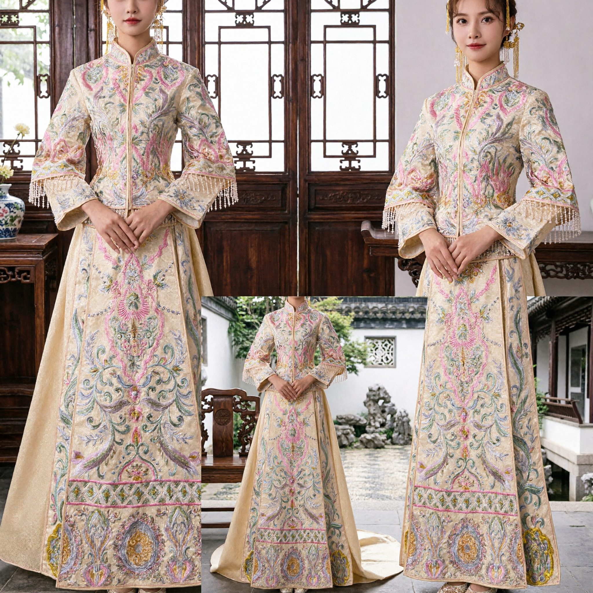 Elegant Champagne Xiuhe Suit Traditional Chinese Wedding Dress Embroidered Long Skirt for Bride Tea Ceremony - Asian Costume